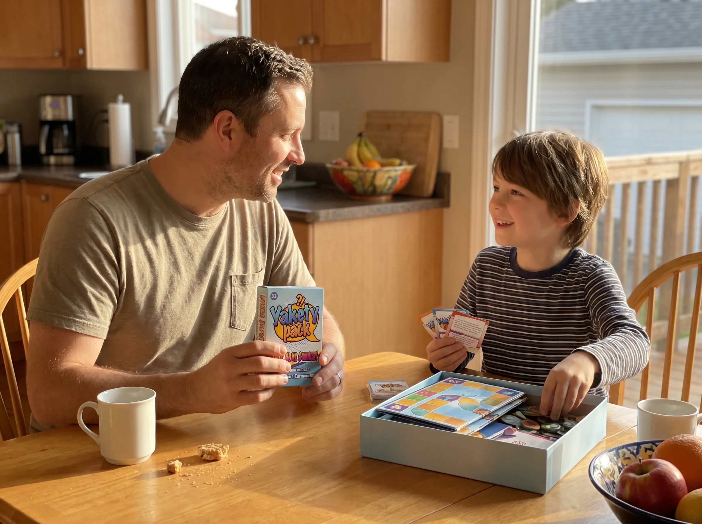 A dad and kid mid-conversation at a kitchen table after a board game, game pieces being packed up, both smiling, natural late