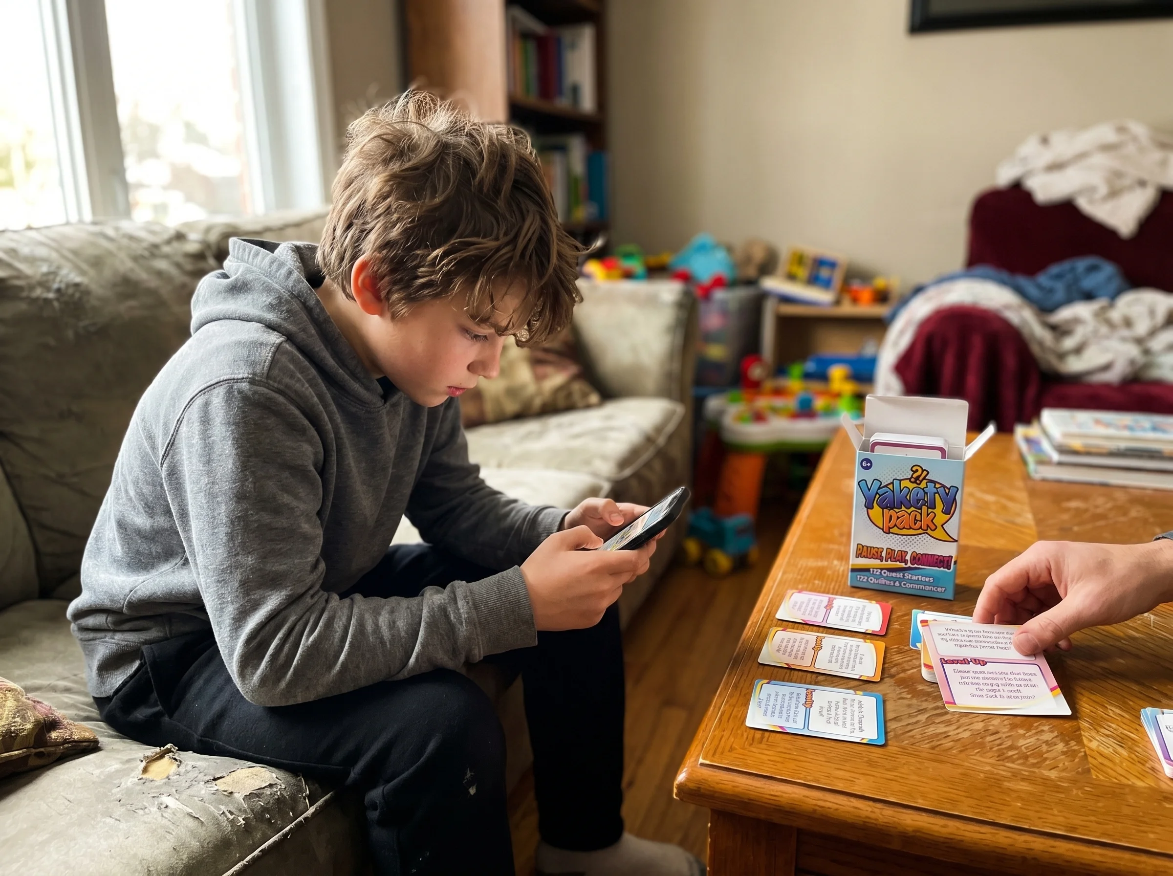 tween boy concentrating on a phone screen playing a strategy game, soft natural window light, slightly out of focus backgroun