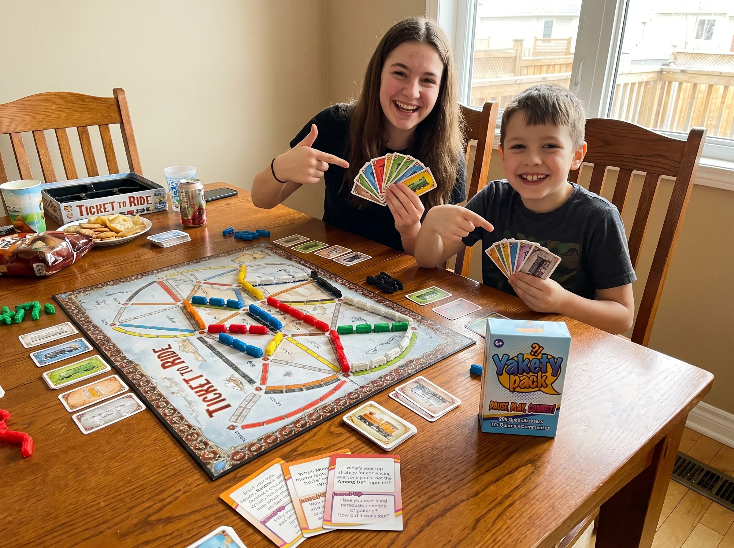 two siblings of different ages sitting at a dining table playing Ticket to Ride, train cards fanned out, both smiling and poi