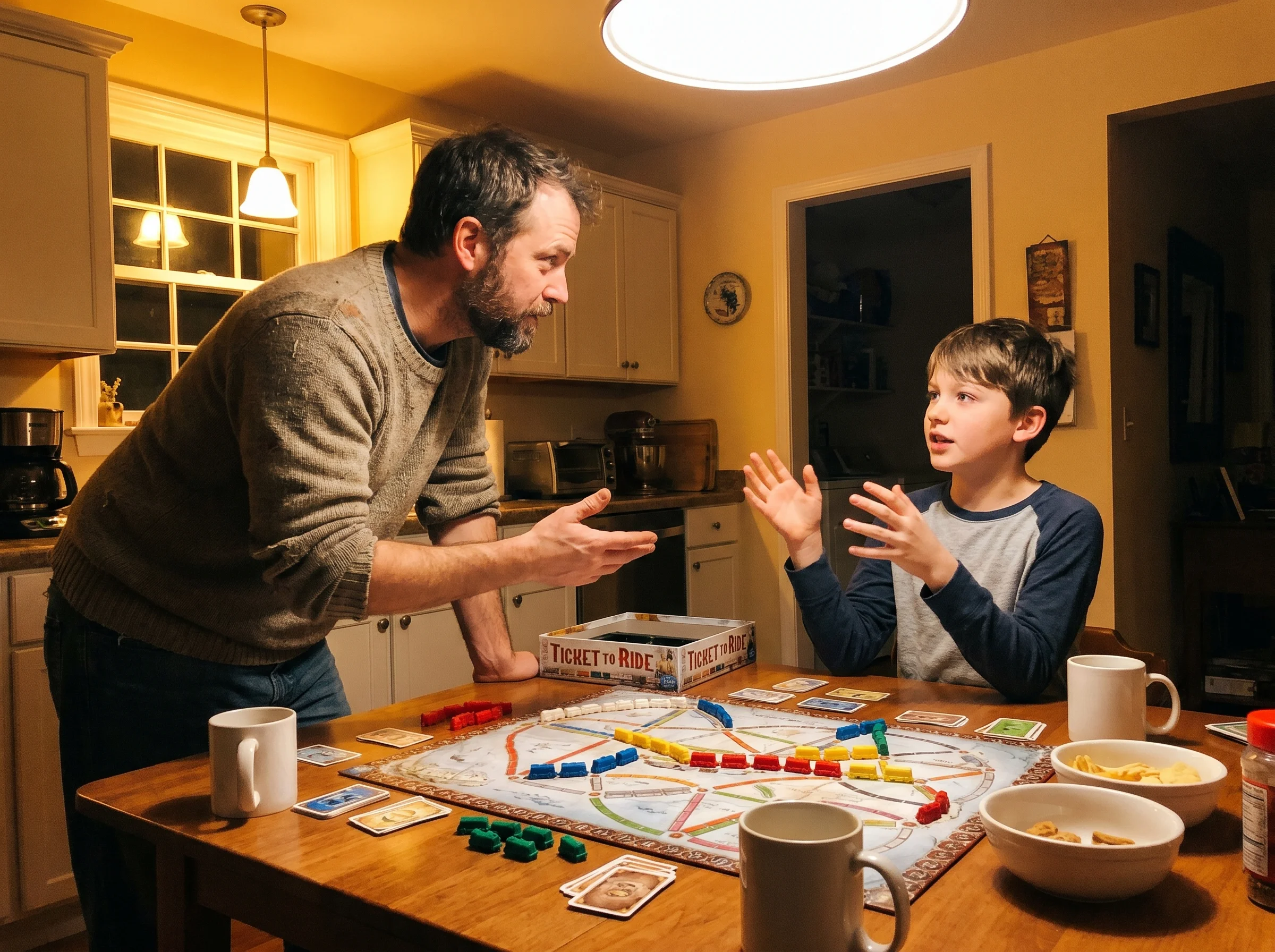 dad and son mid-conversation across a game board, both gesturing with their hands, candid moment caught mid-sentence, warm ev