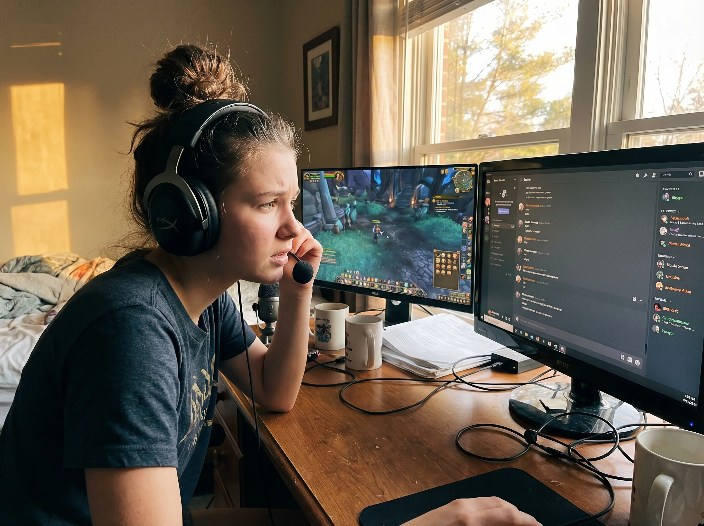 A teenage girl at her gaming desk, headset on, leaning forward with concern on her face as she talks to someone online, multi