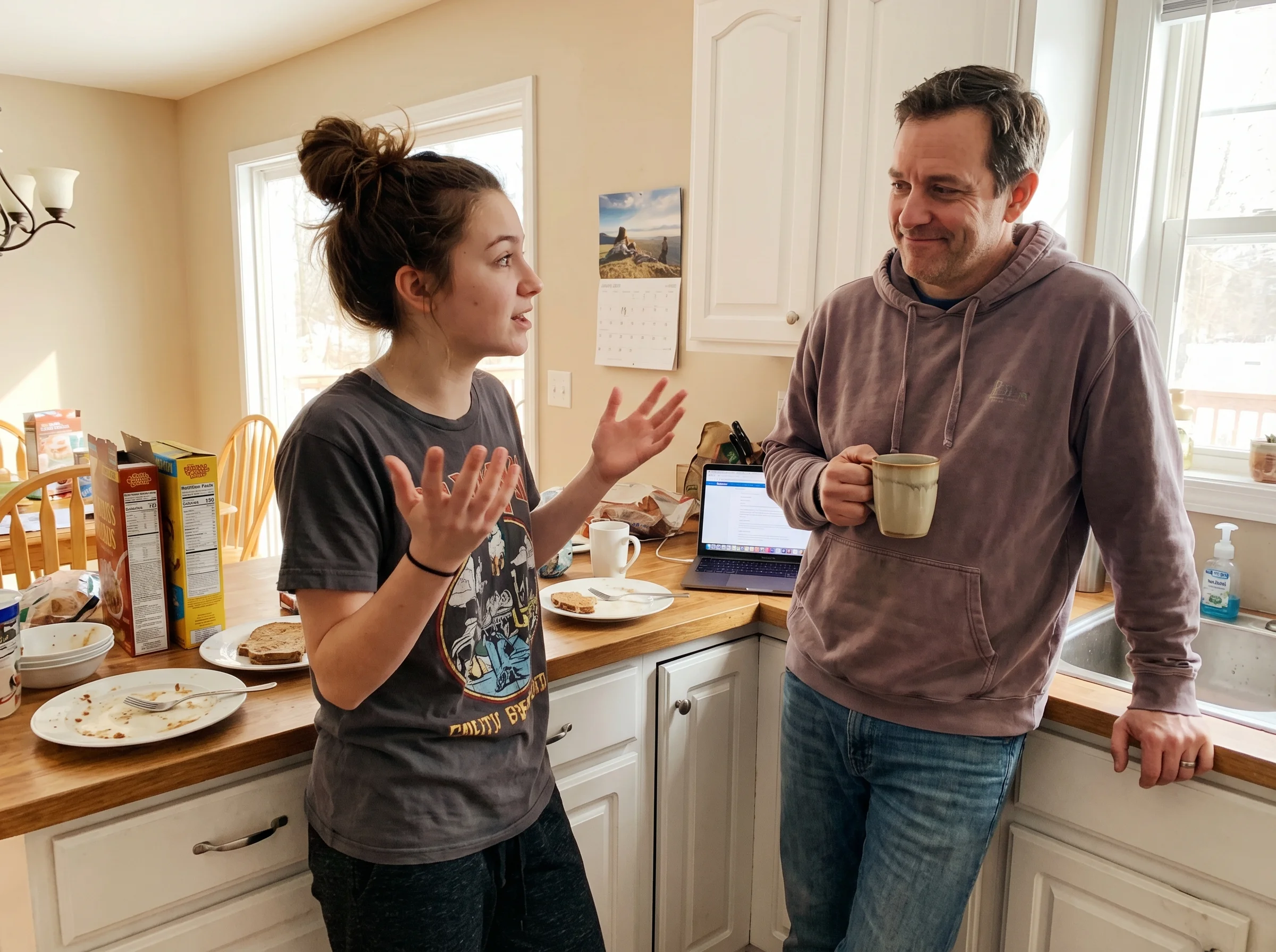 A dad and teenage daughter in the kitchen, the teen animatedly using hand gestures while explaining something gaming-related,
