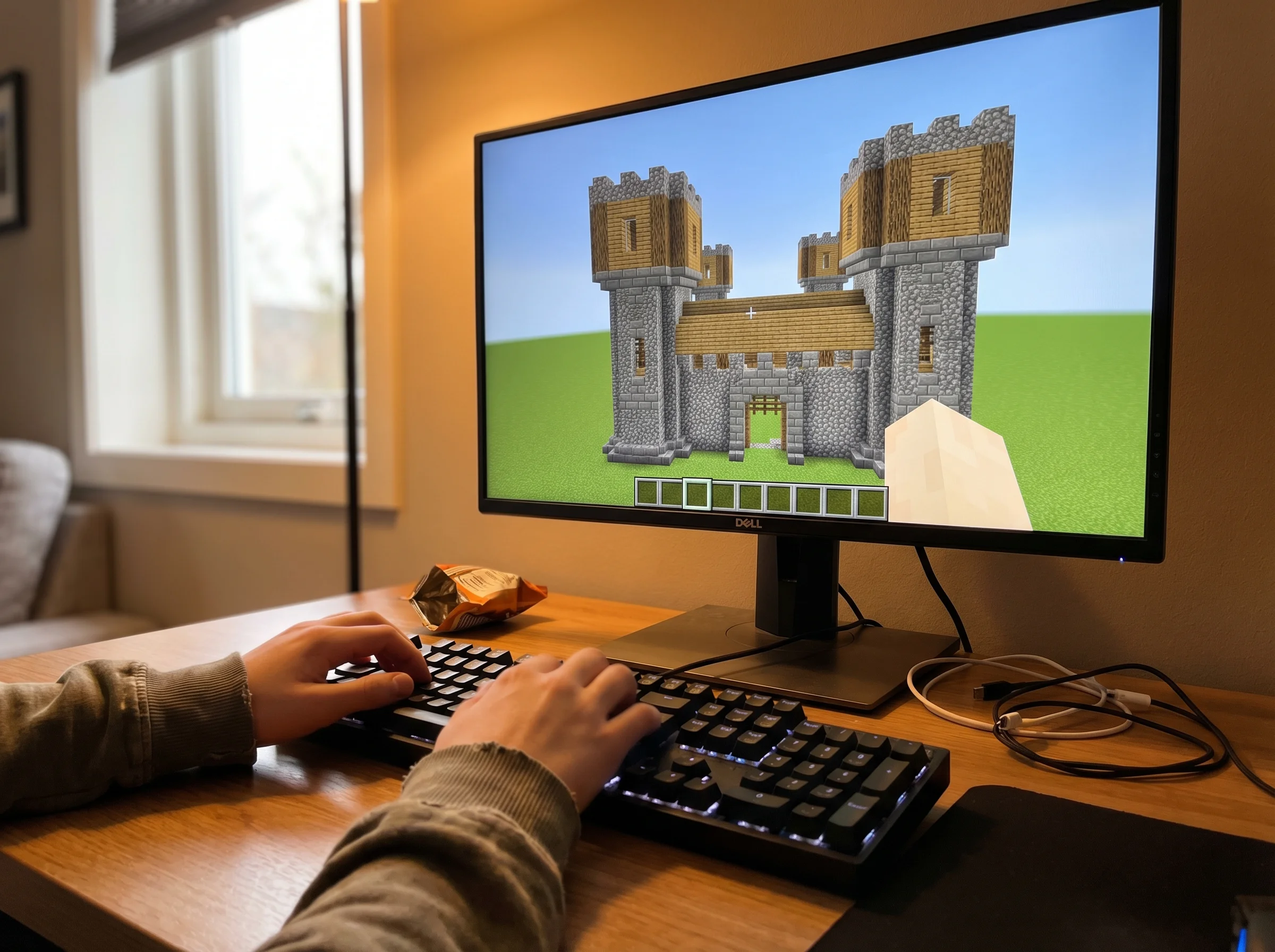 Close-up of a Minecraft screen showing a half-built castle structure, with a teenager's hands on the keyboard in soft focus i