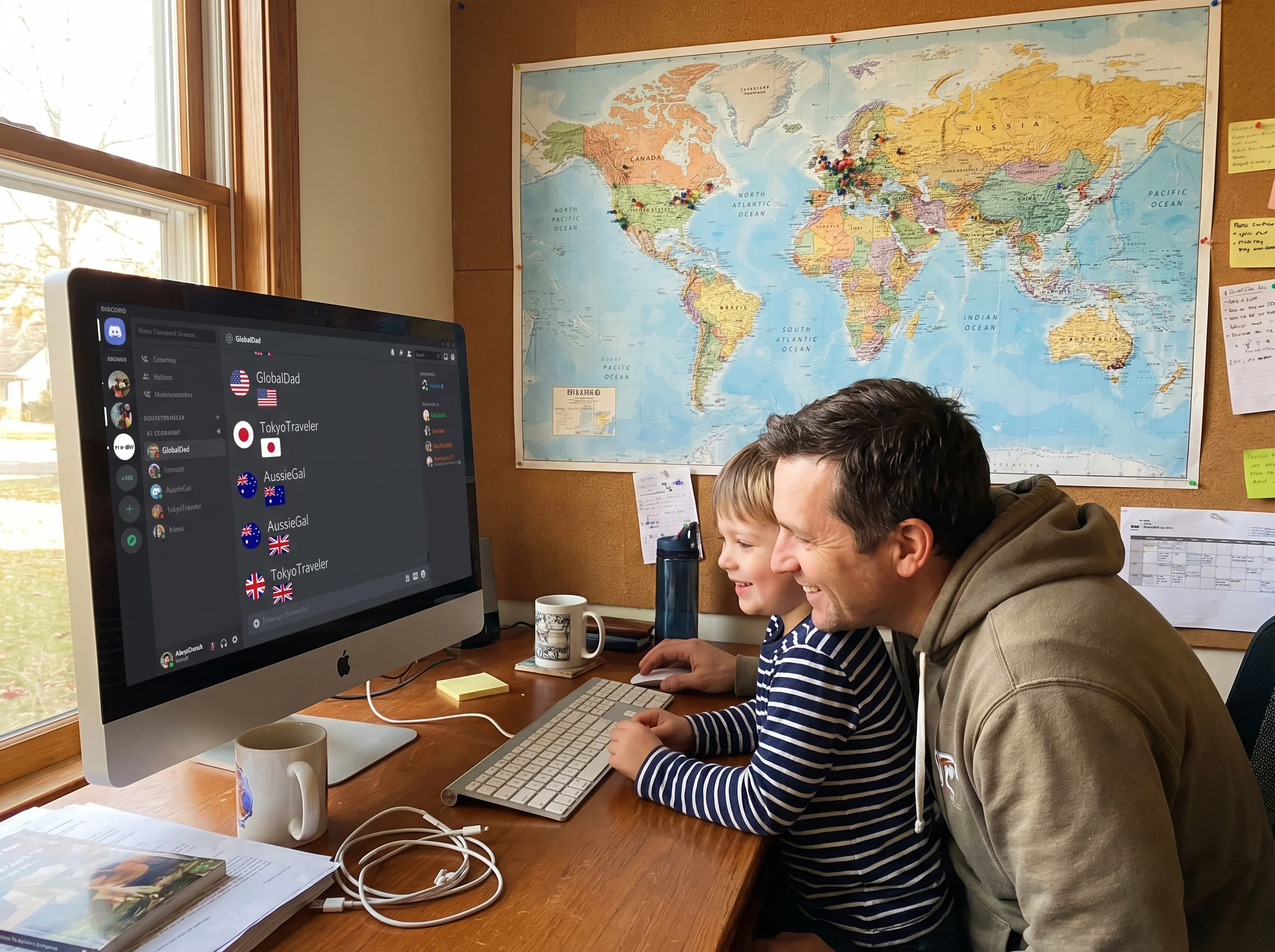 A family computer area showing Discord open on screen with multiple international flags next to usernames, a world map with p