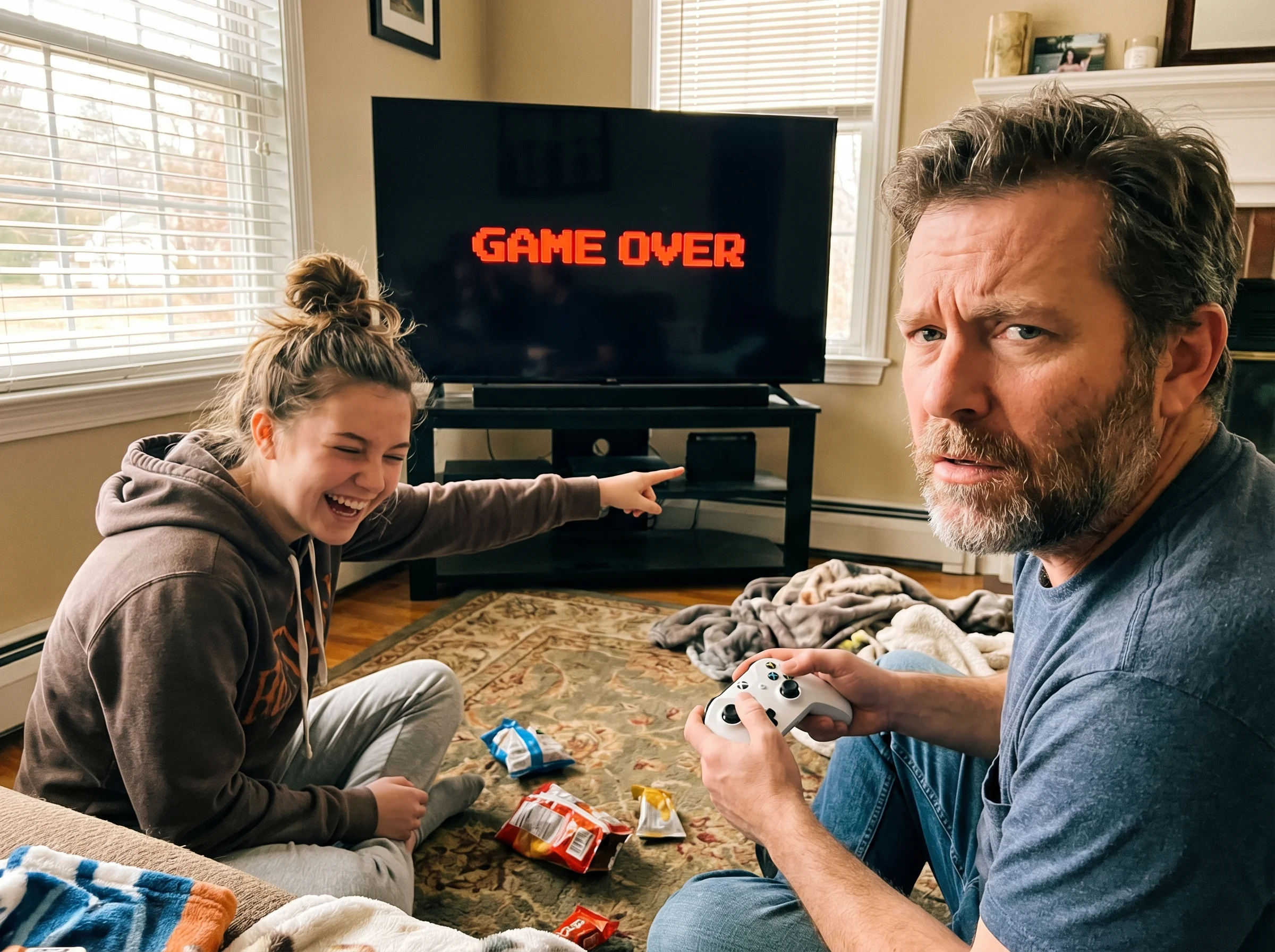 A dad looking confused holding a controller while his teenage daughter points at the screen laughing, both sitting on the flo