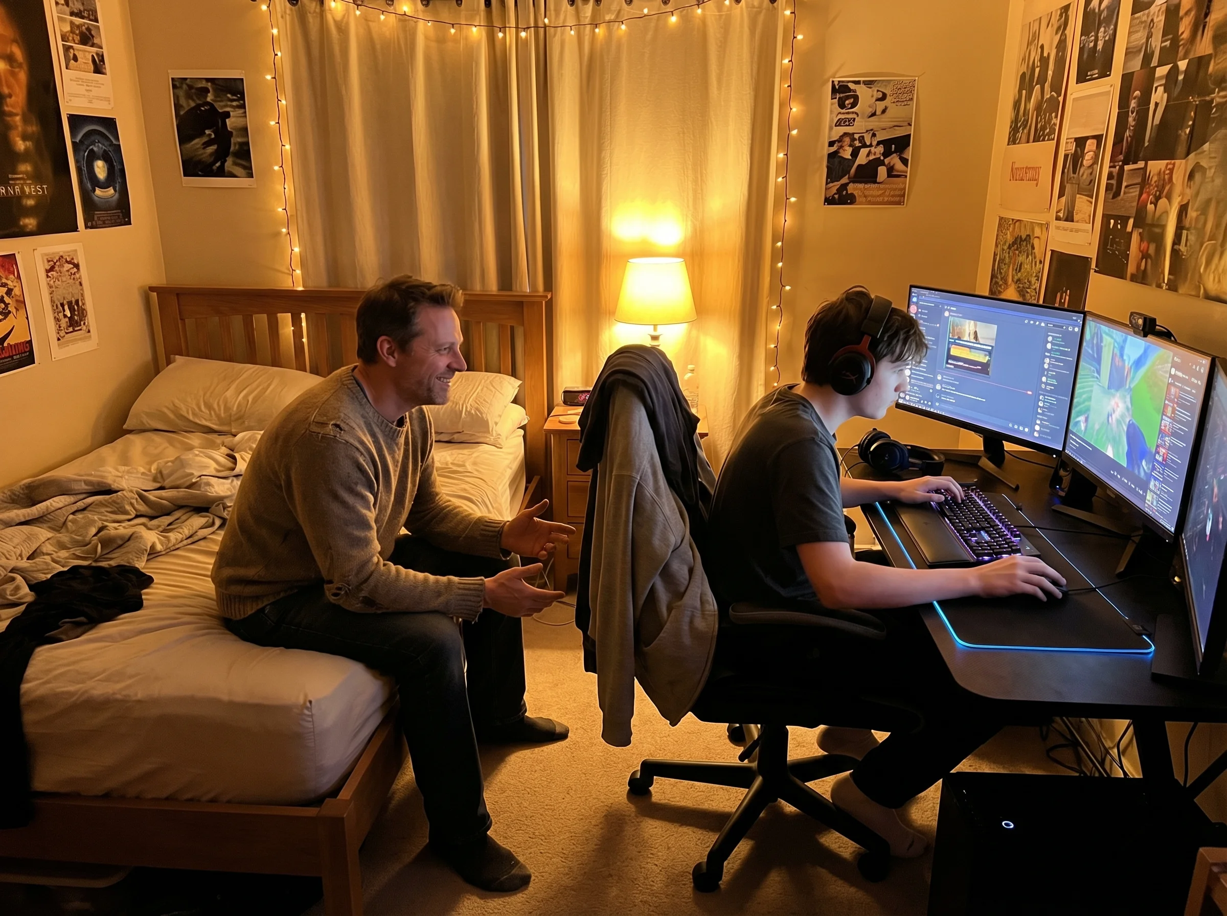 A warm evening scene with a parent sitting on their teen's bed while the teen is at their gaming setup, both engaged in conve