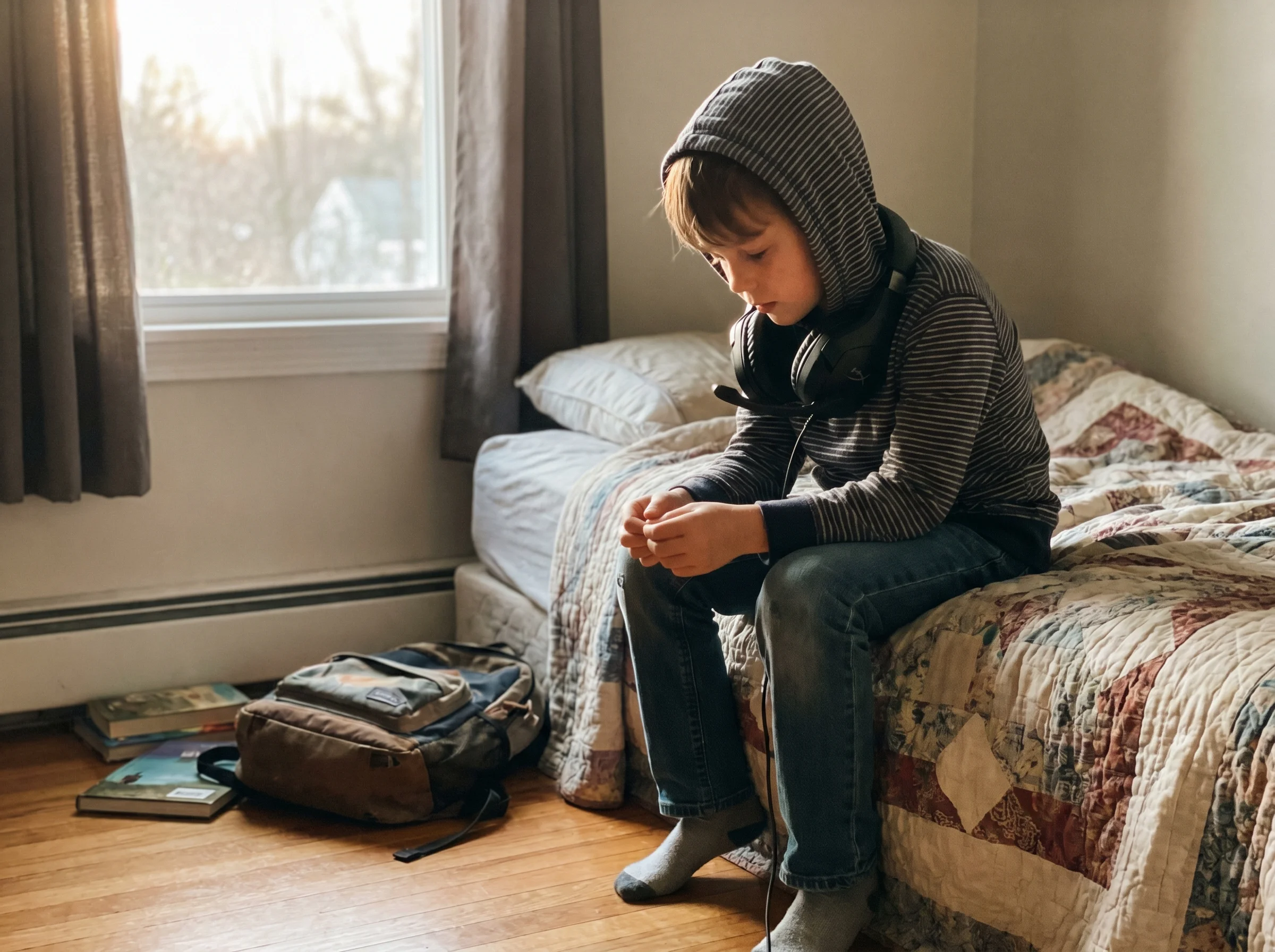 A kid sitting alone on the edge of a bed, headset around the neck, looking down, soft window light, quiet moment, iPhone shot
