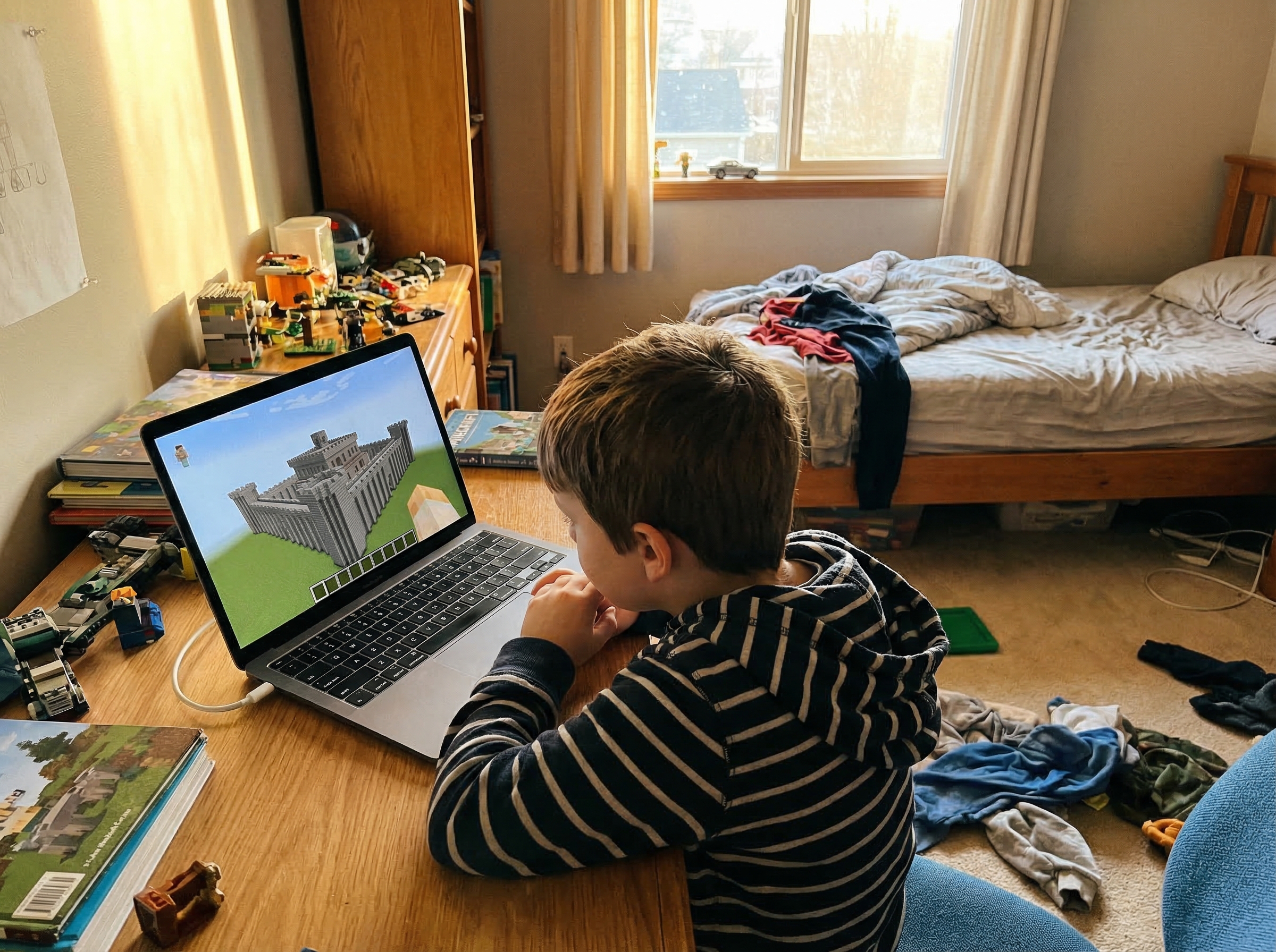 A child's bedroom with morning light, showing a boy at his desk with Minecraft on the screen, building what looks like a fort