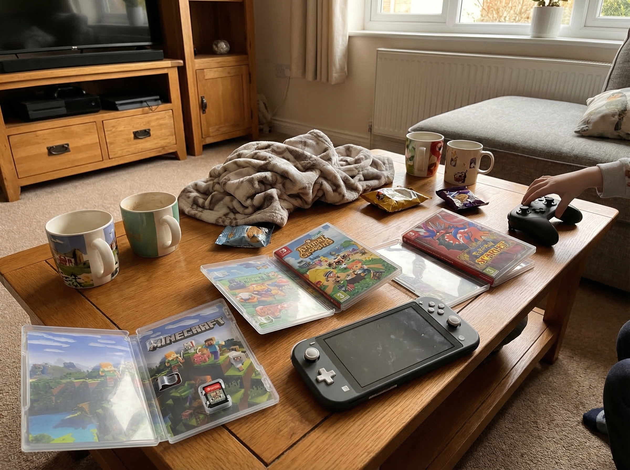 A coffee table spread with several family-friendly game cases including Minecraft, Animal Crossing, and Pokemon, with a handh