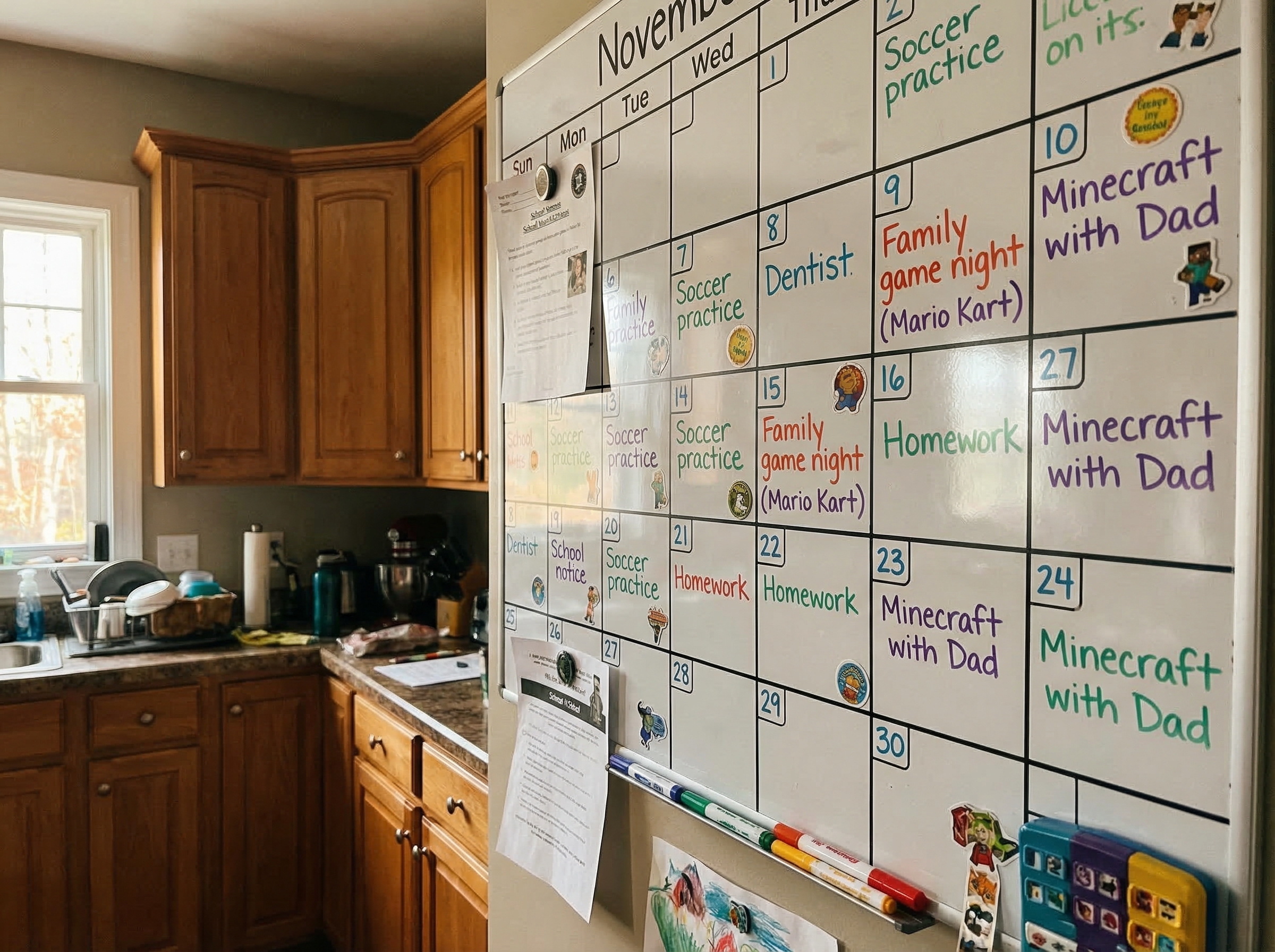 A family calendar on the wall with gaming times marked alongside other activities, showing integration rather than restrictio