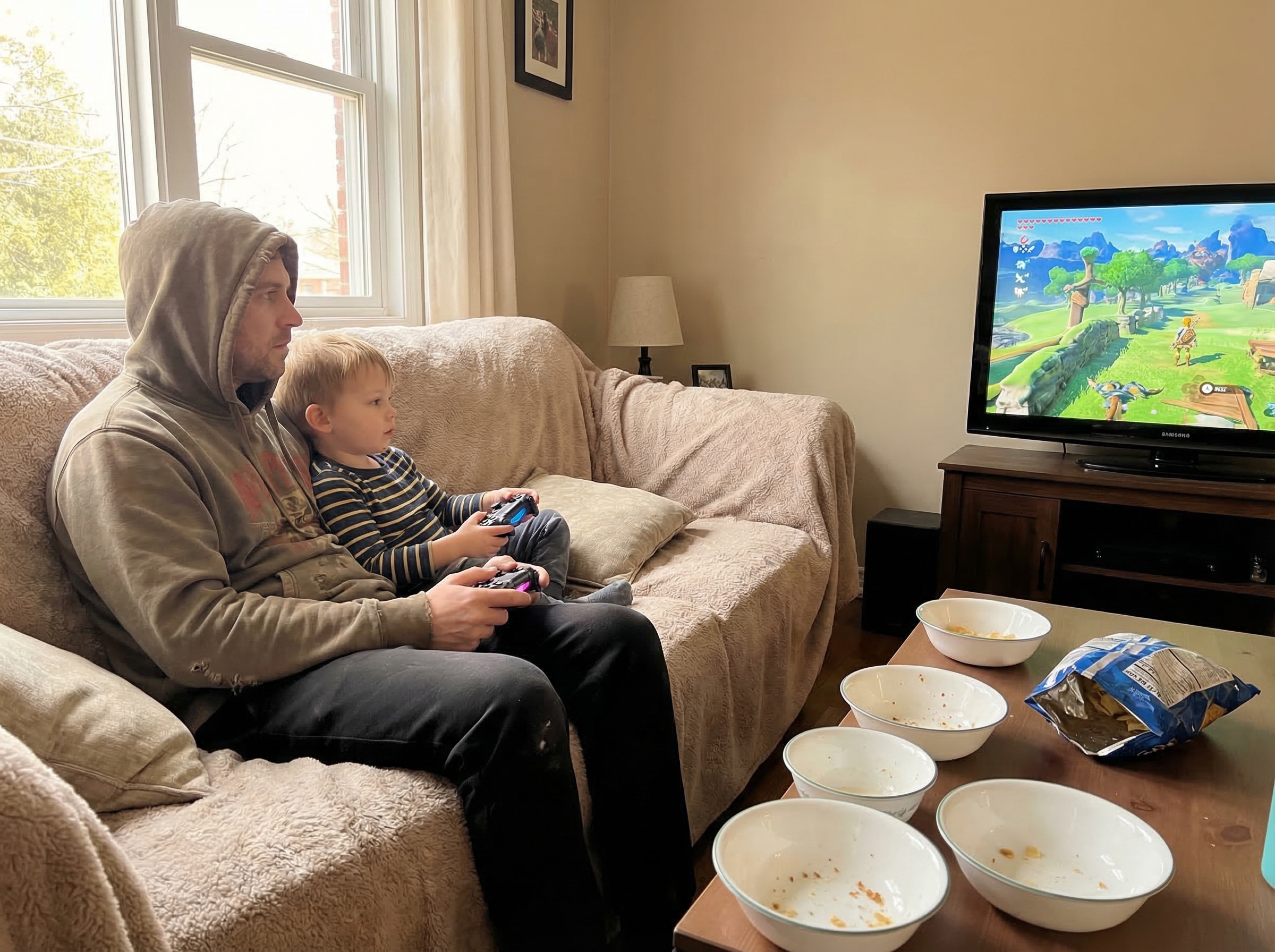 A cozy living room corner where a parent and child sit side by side on a couch, both holding controllers, the TV showing a co