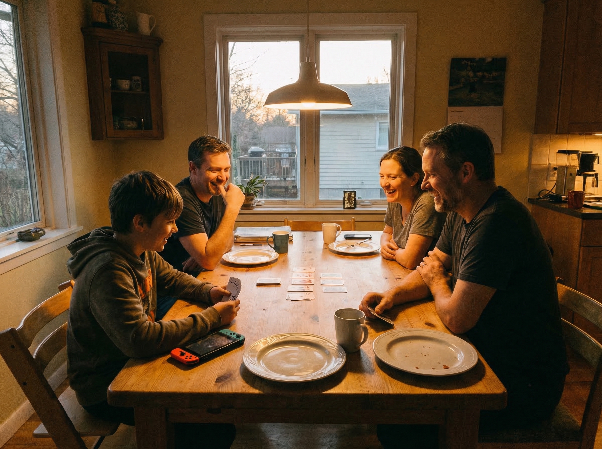 A dining table at dusk with a family playing a card game together, one child still has their gaming device nearby but is enga