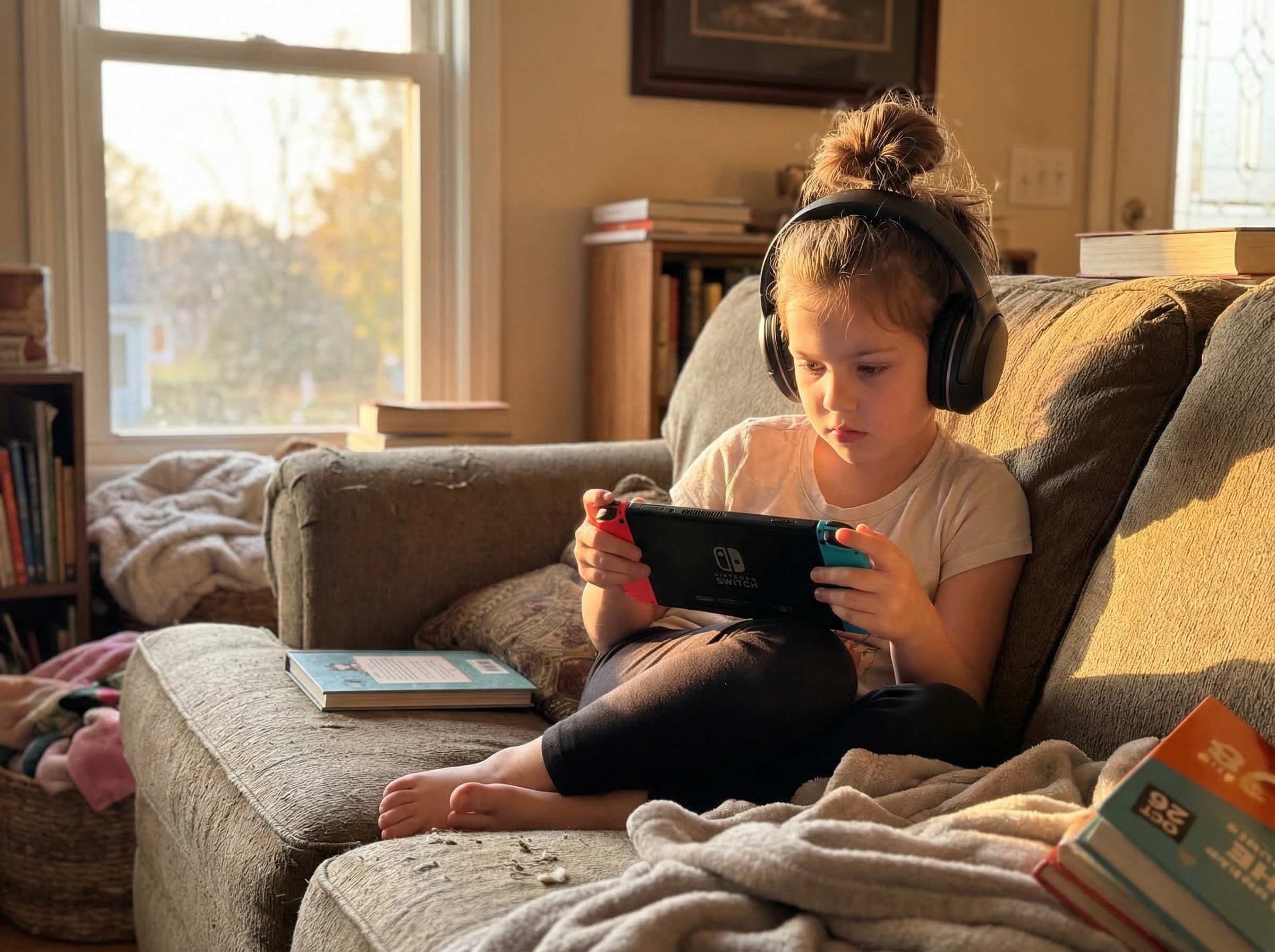 Young girl with headphones playing Animal Crossing on Nintendo Switch, focused expression, soft afternoon light through windo