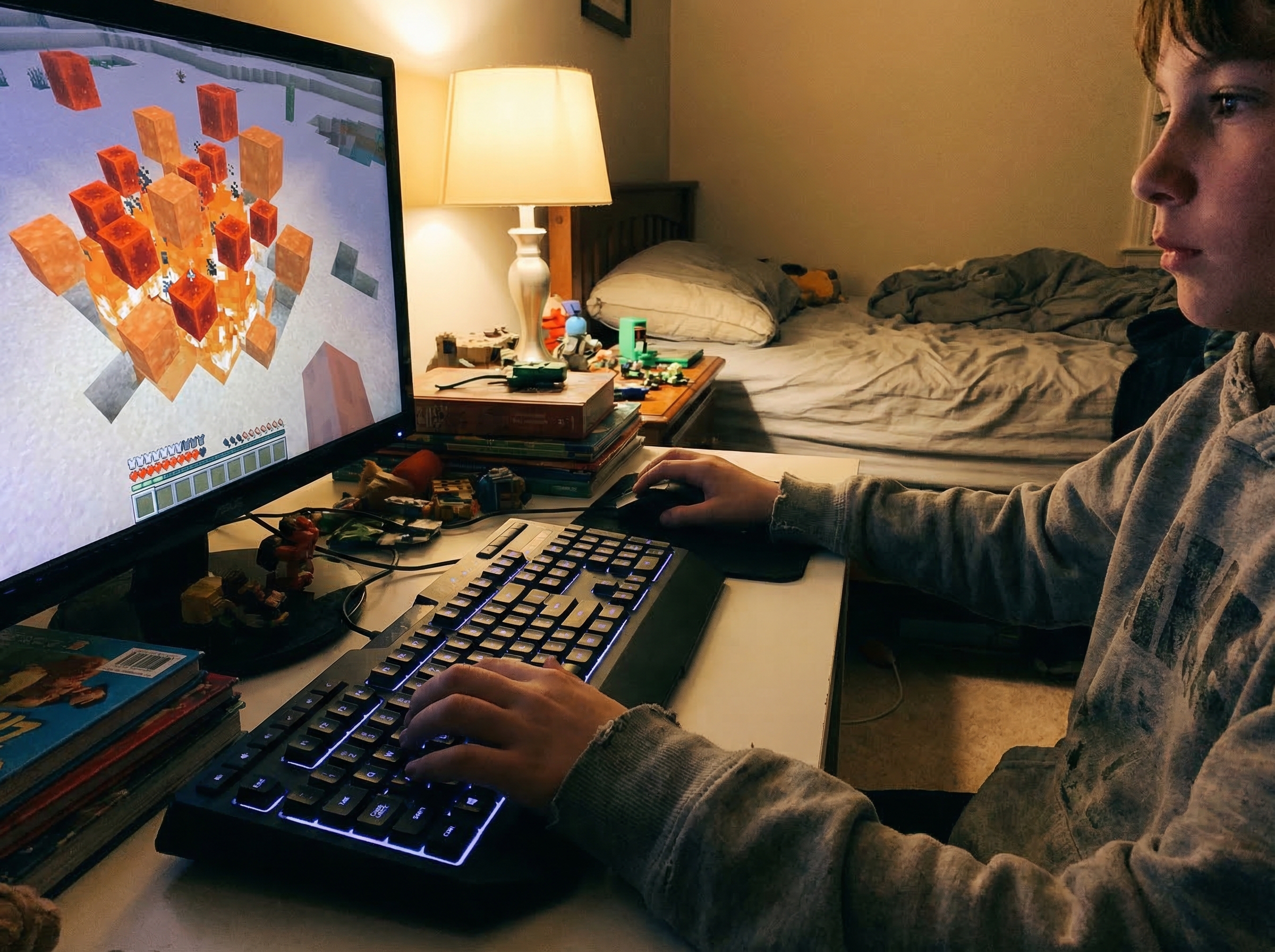 Boy's hands on keyboard and mouse, Minecraft explosion visible on monitor screen, dim bedroom lighting