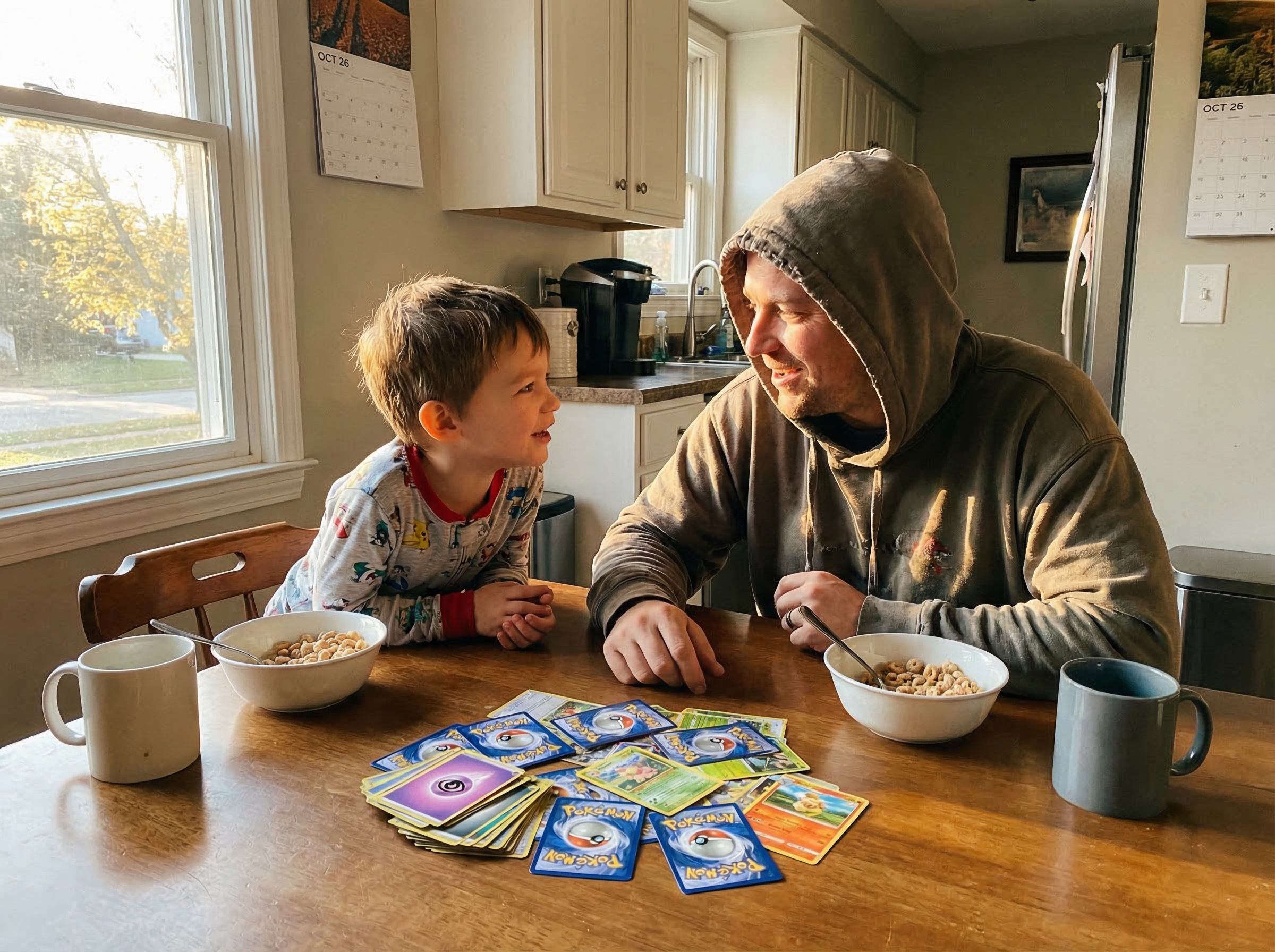 Parent and child sitting side by side at kitchen table, Pokemon cards spread out between them, engaged in conversation, natur