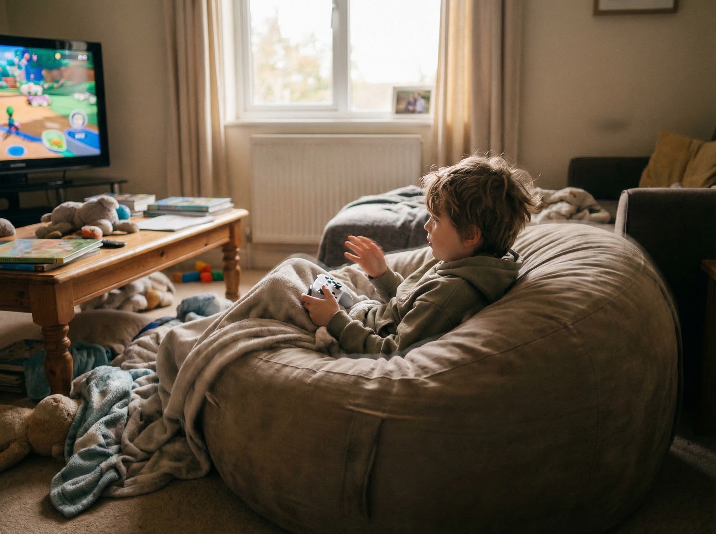 Child in bean bag chair gaming, subtle rocking motion captured, one hand stimming while the other holds controller, cozy room
