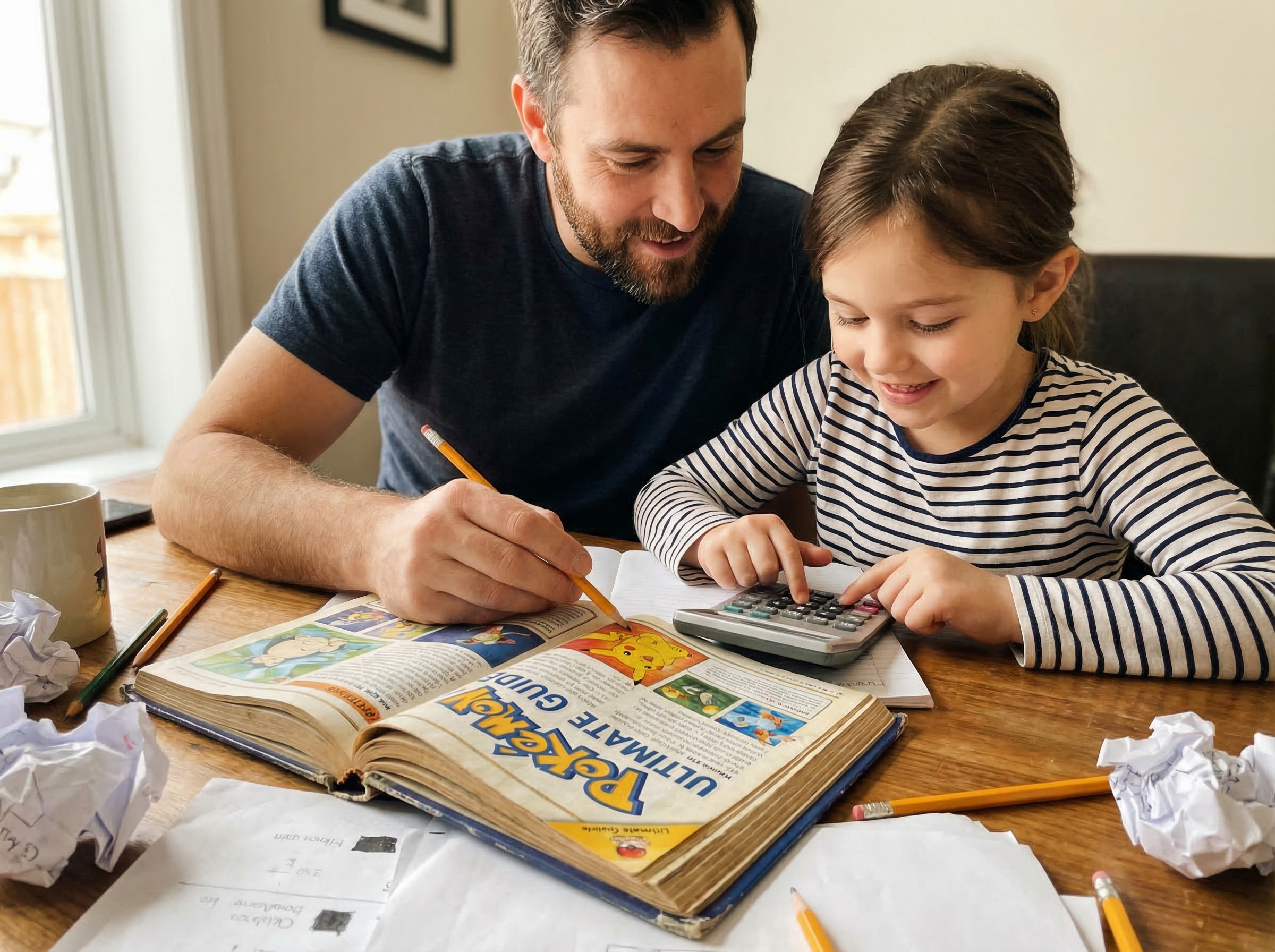 Father and daughter at desk with Pokemon guidebook open, calculator visible, both engaged in working out battle statistics to
