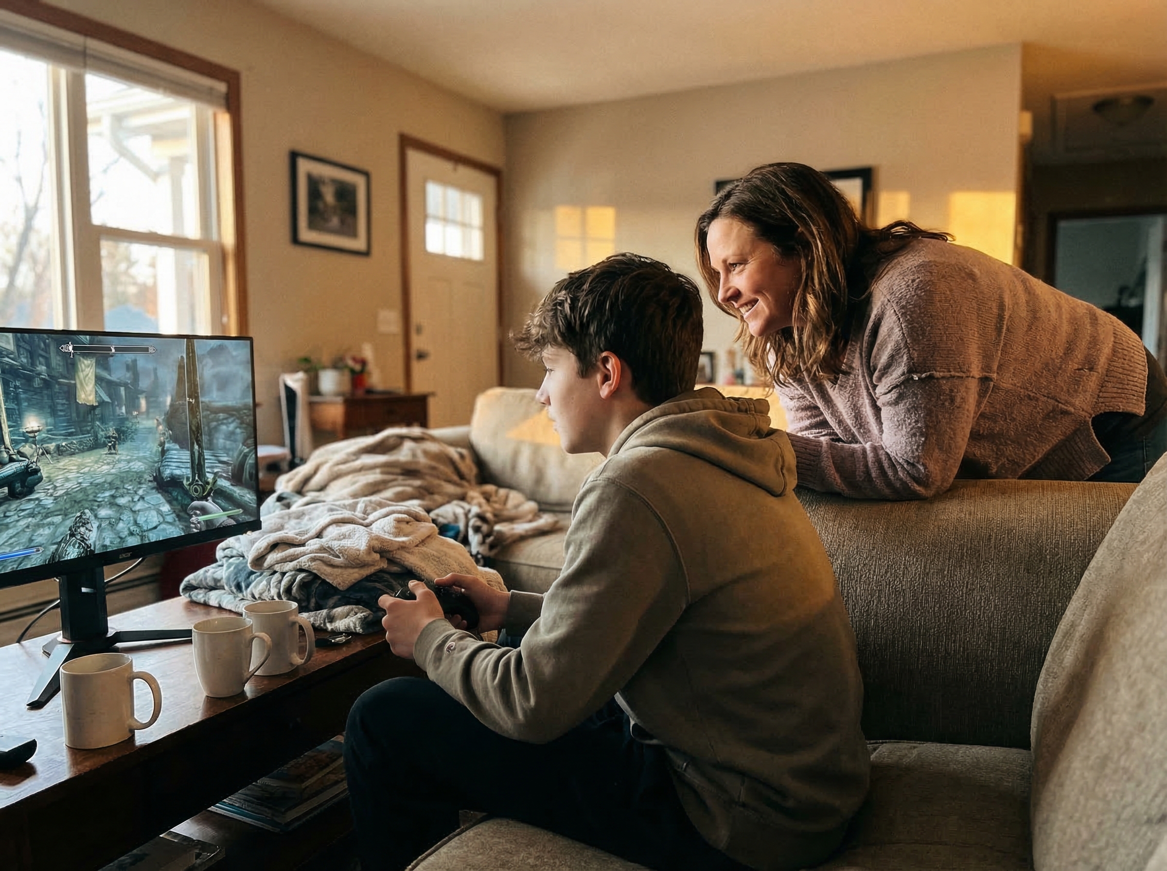 Mom sitting behind her gaming son, watching his screen with genuine interest, both relaxed in shared moment