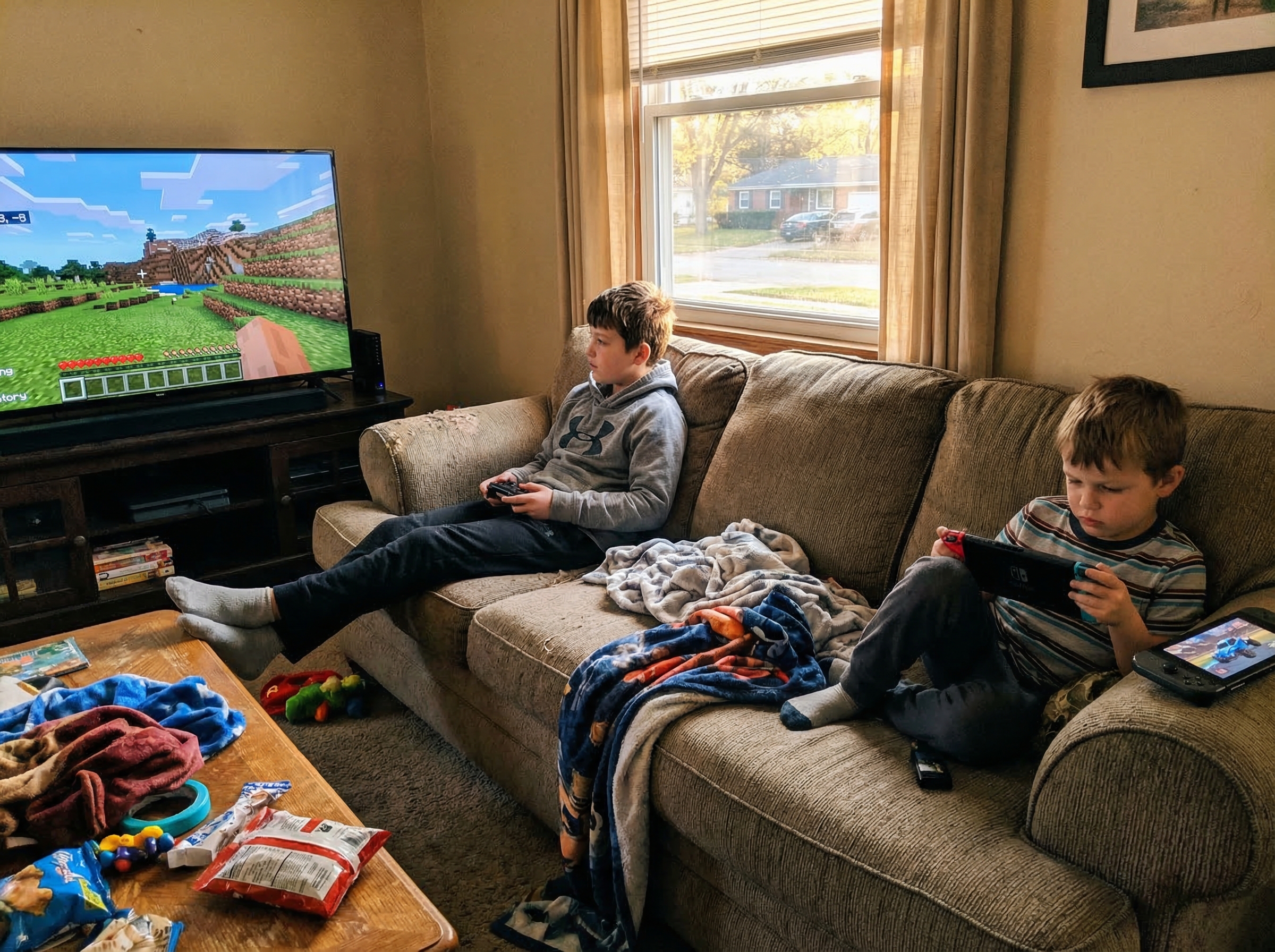 Two brothers on opposite ends of couch, one calmly building in Minecraft on TV, the other intensely focused on handheld devic