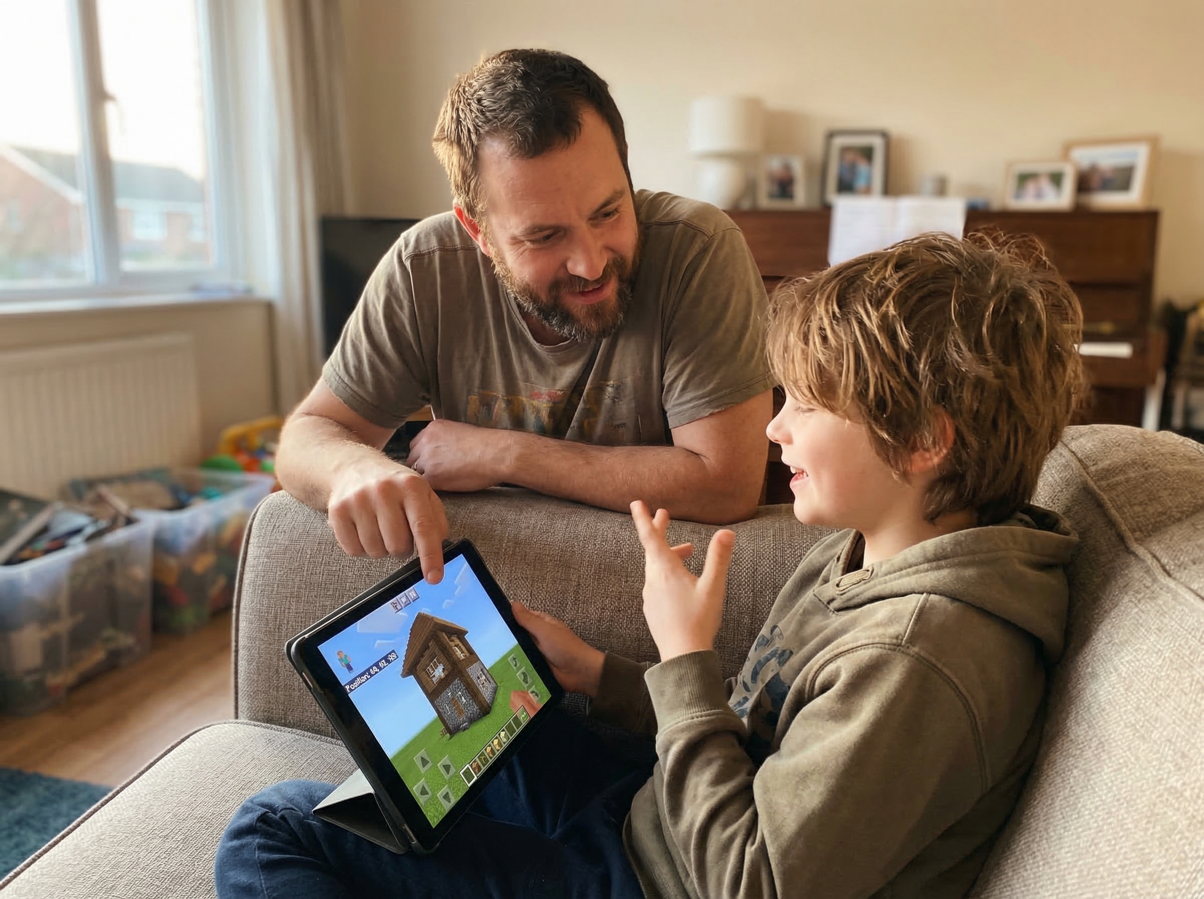 Dad leaning over back of couch, pointing at something on screen while kid explains their Minecraft build, both engaged in con