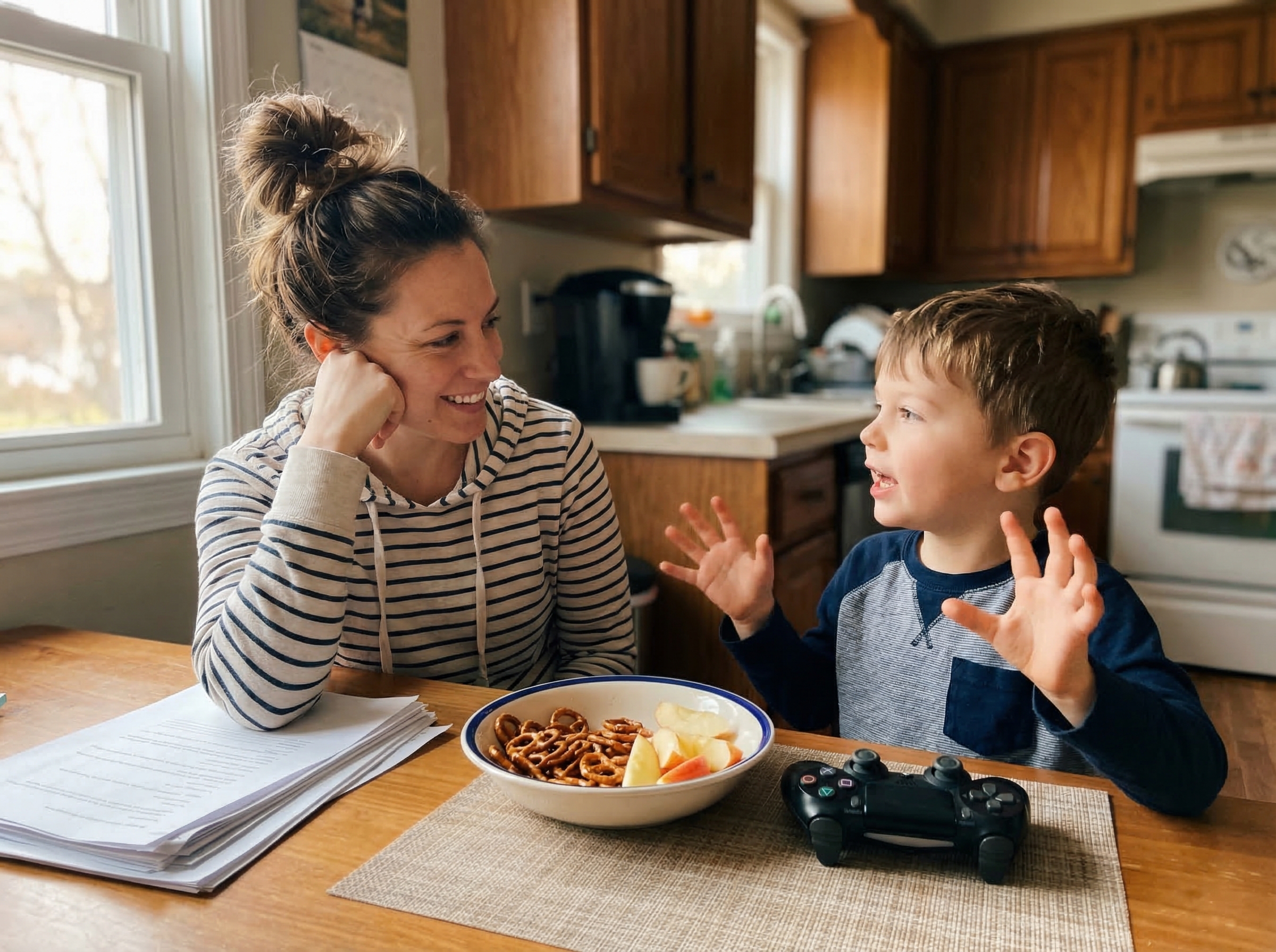 Parent and child at kitchen table with snacks, child animatedly explaining something while parent listens, game controller se