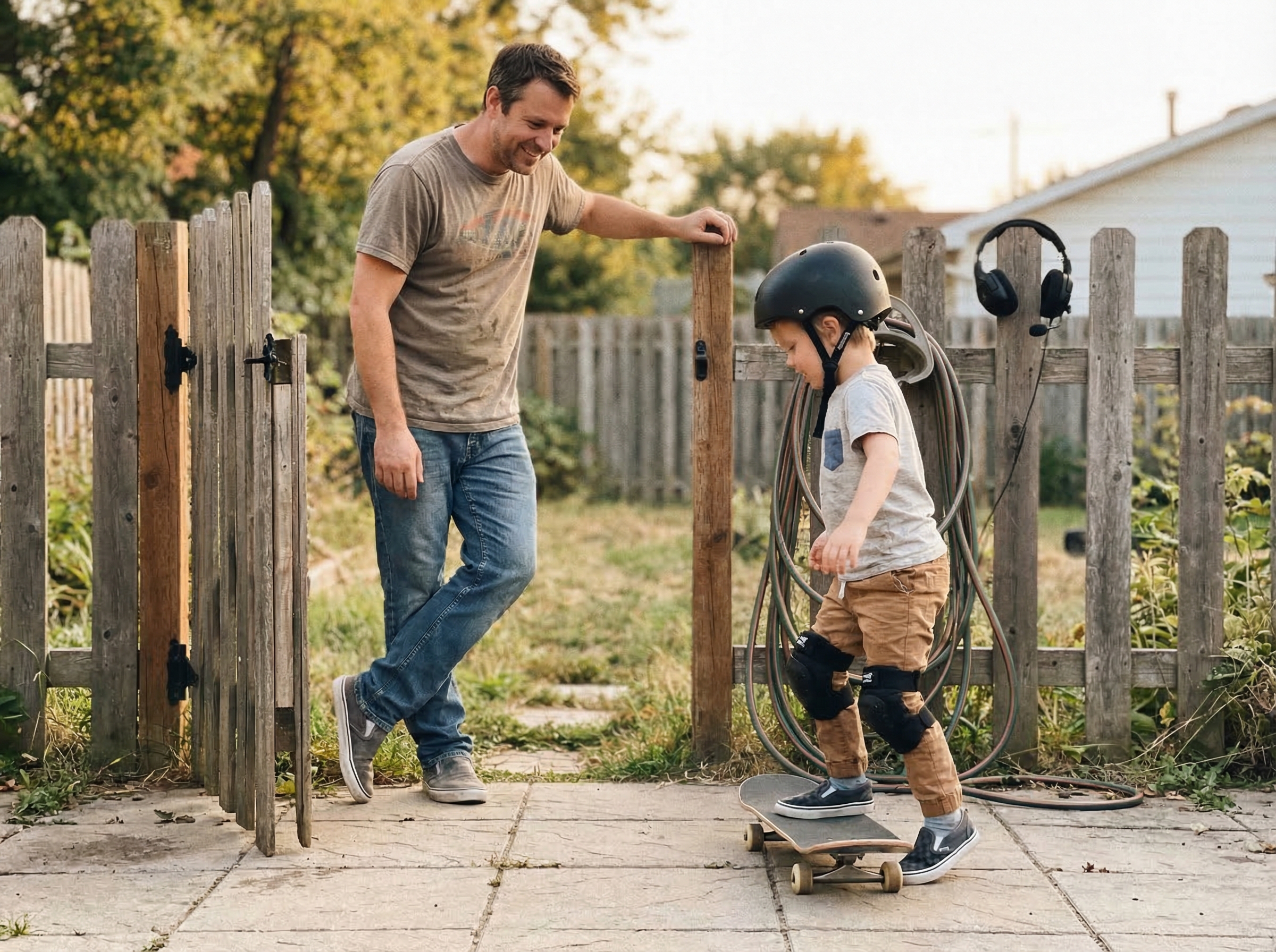Family in backyard, kid on skateboard while dad watches, gaming headset hanging on fence post in background