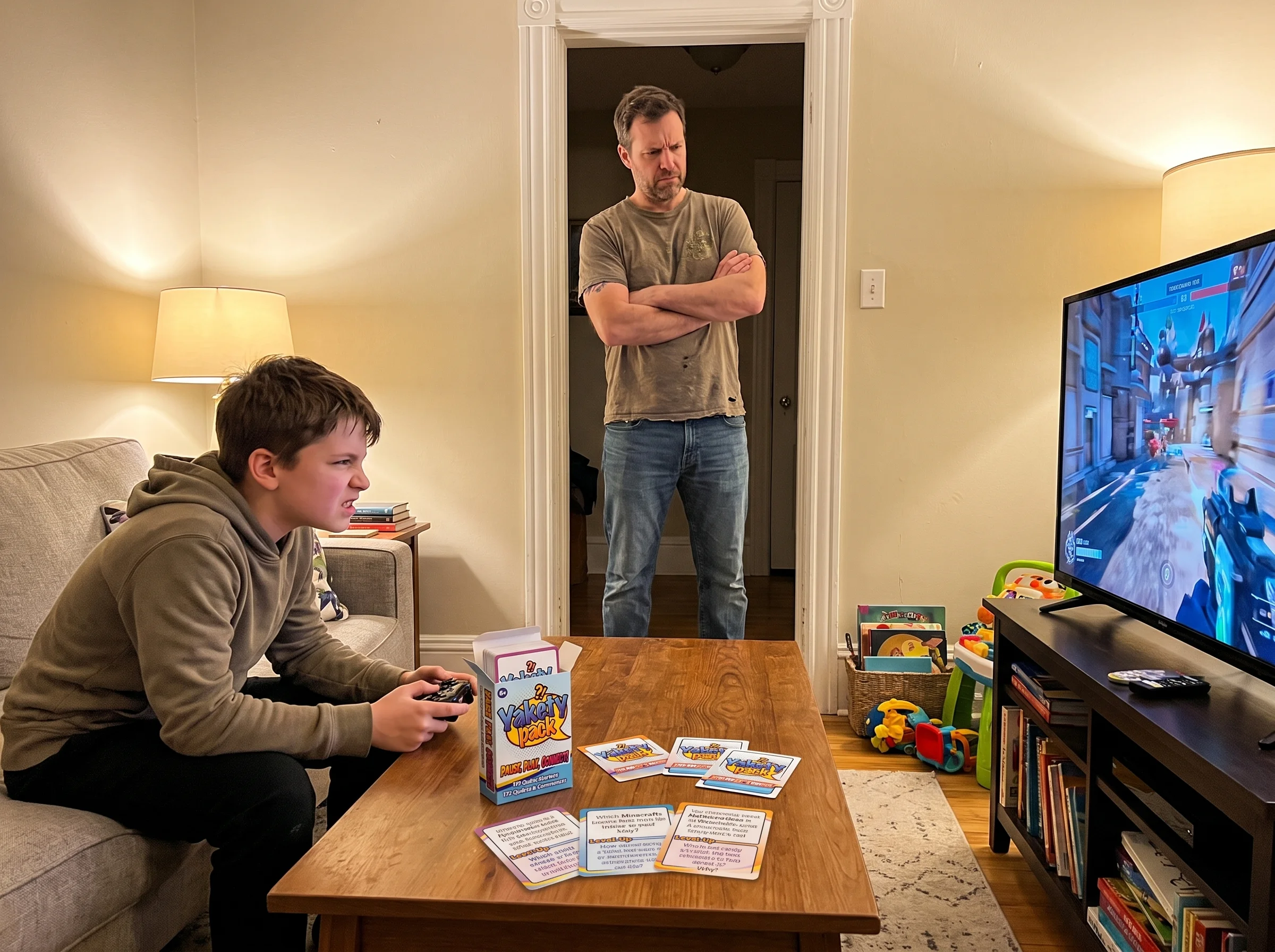 A frustrated dad standing in a doorway with arms crossed, watching his son play a video game on the TV, both looking tense