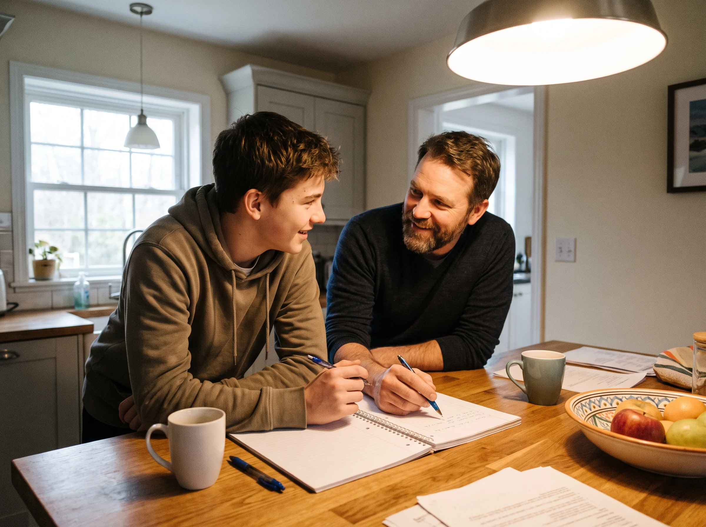 Dad and son sitting at a kitchen table on a Friday evening, notebook open between them, both talking calmly