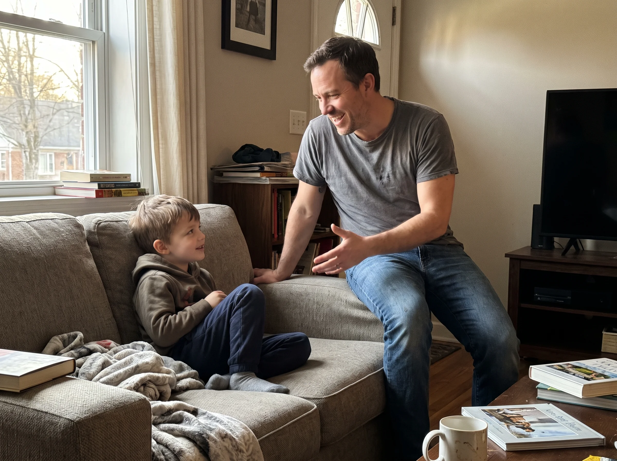 Dad sitting on the arm of the couch next to his son, both looking at the TV, dad asking a question and smiling