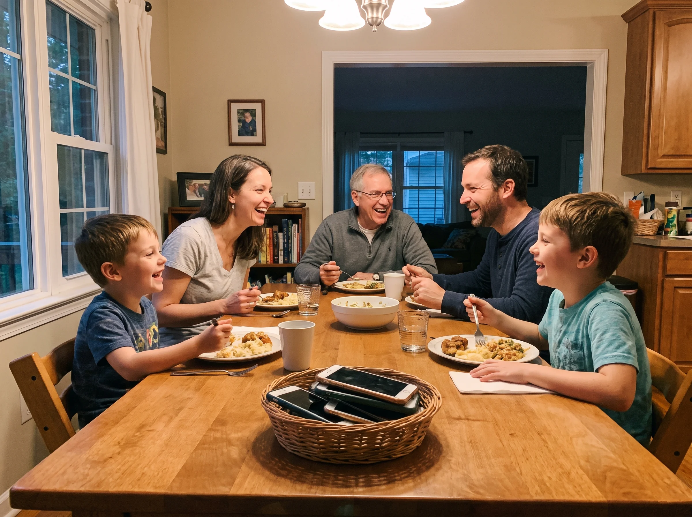 Family sitting around a dinner table on a Saturday evening with phones stacked in a small basket off to the side, everyone la