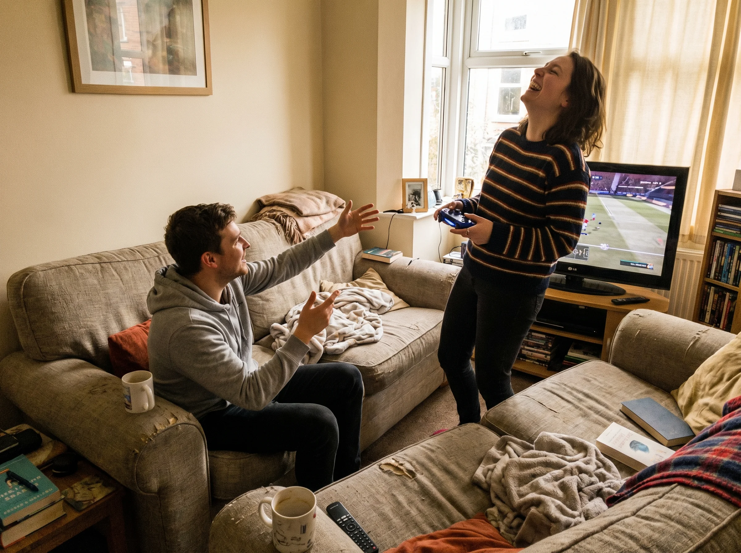 A couple standing in their living room, one person on the couch gesturing wildly at the TV while the other stands nearby laug