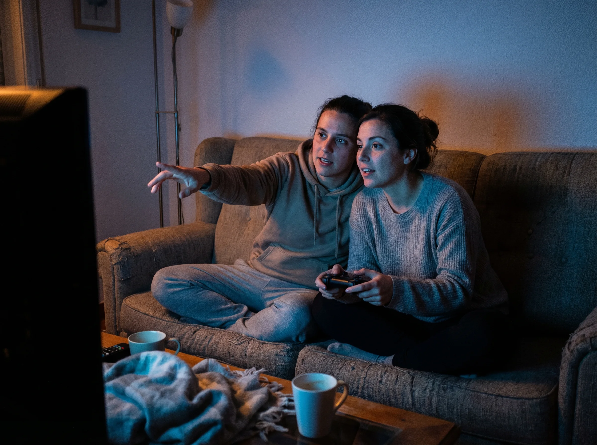 A couple sitting close together on a couch at night, TV glowing softly, one person pointing at the screen while the other hol