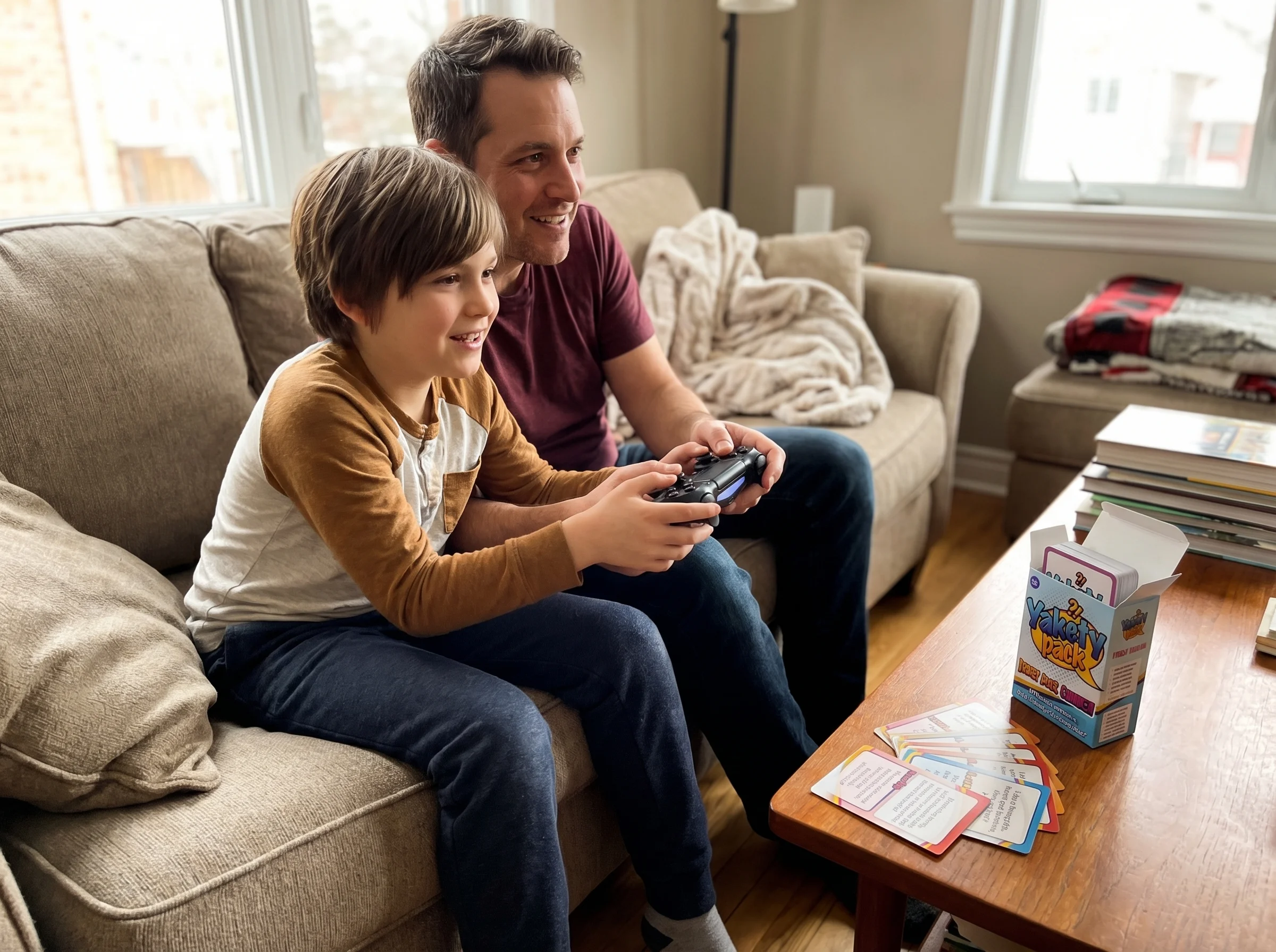 Two people sharing one controller, hands overlapping as they play together, focused expressions but relaxed body language