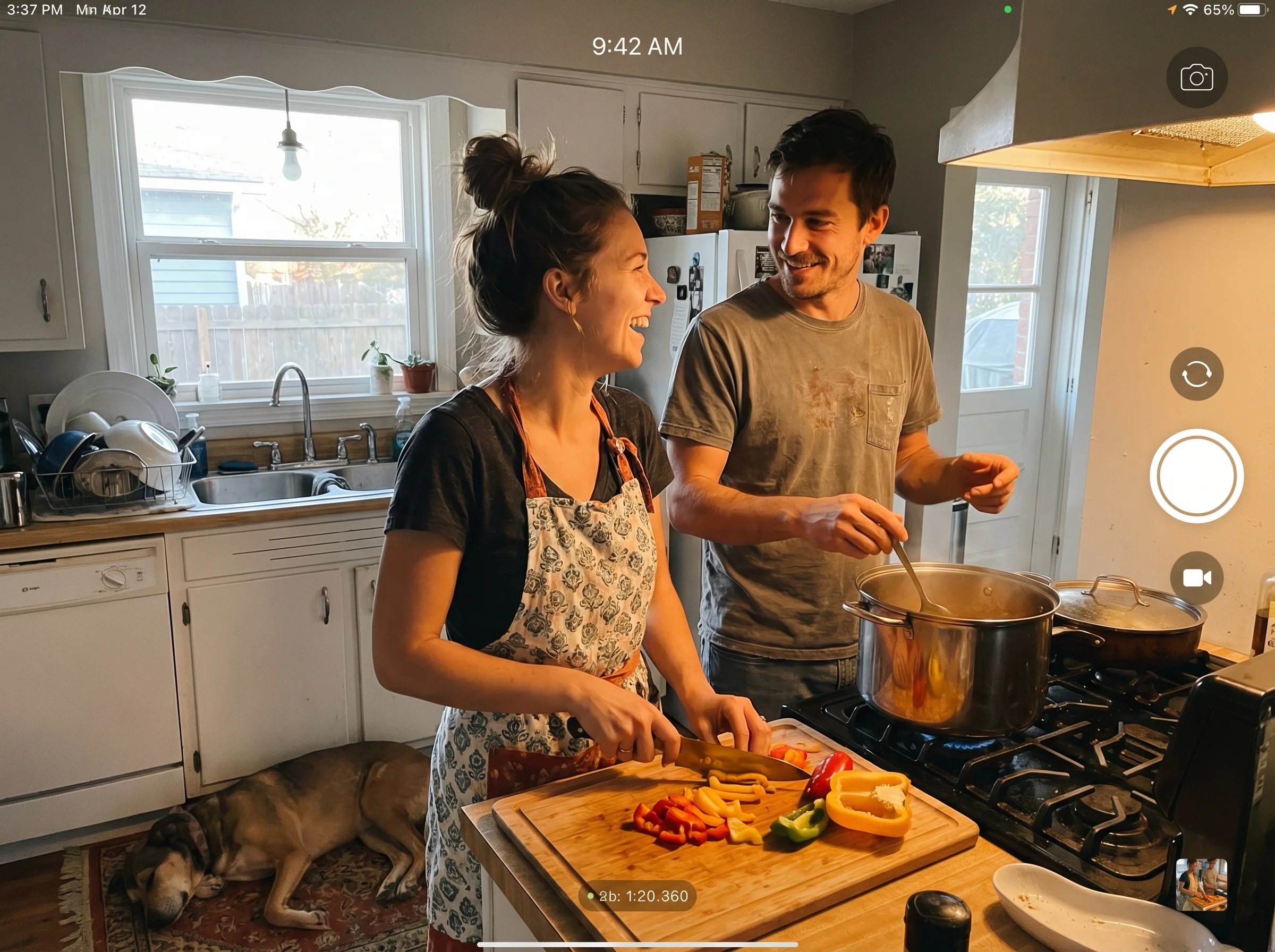 A couple in their kitchen making dinner together, one person chopping vegetables while the other stirs a pot, both smiling an