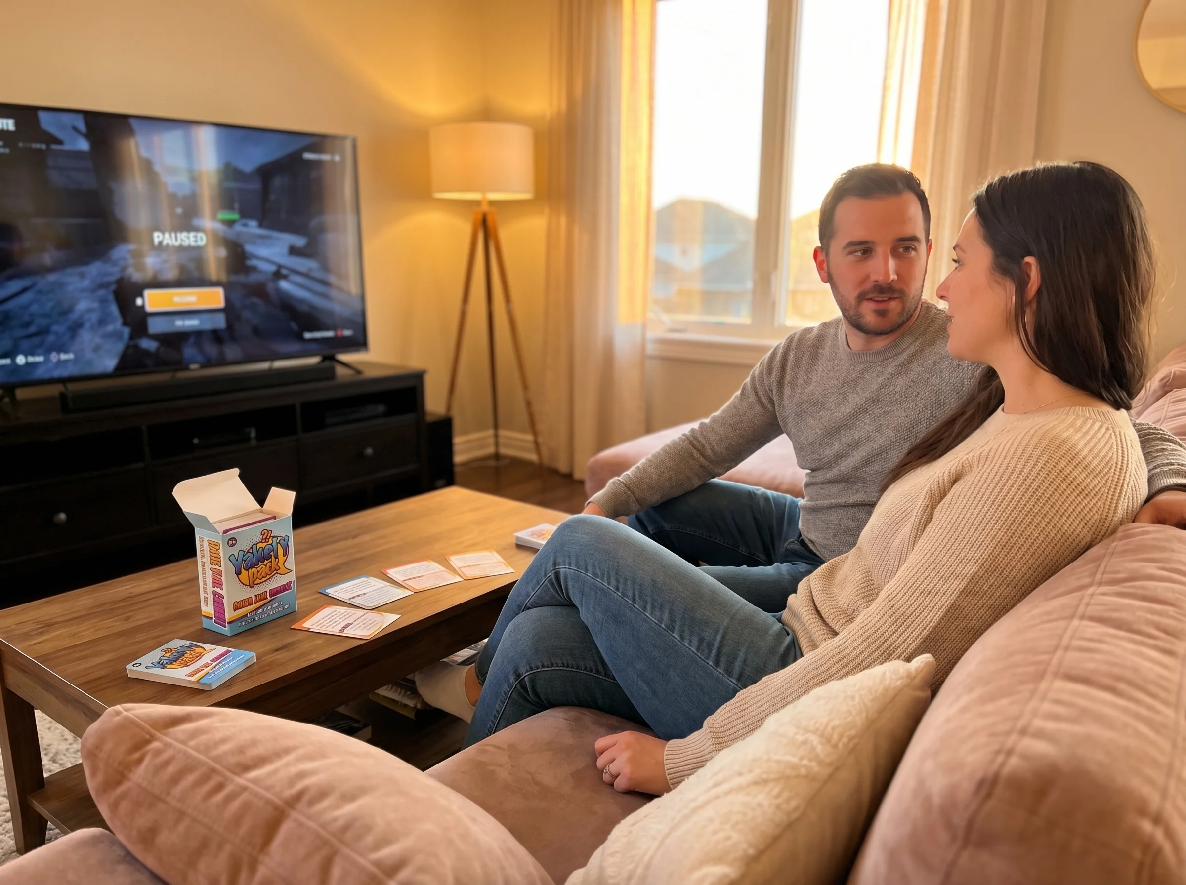 A couple relaxing on the couch in soft evening light, game paused on screen, turned toward each other in conversation
