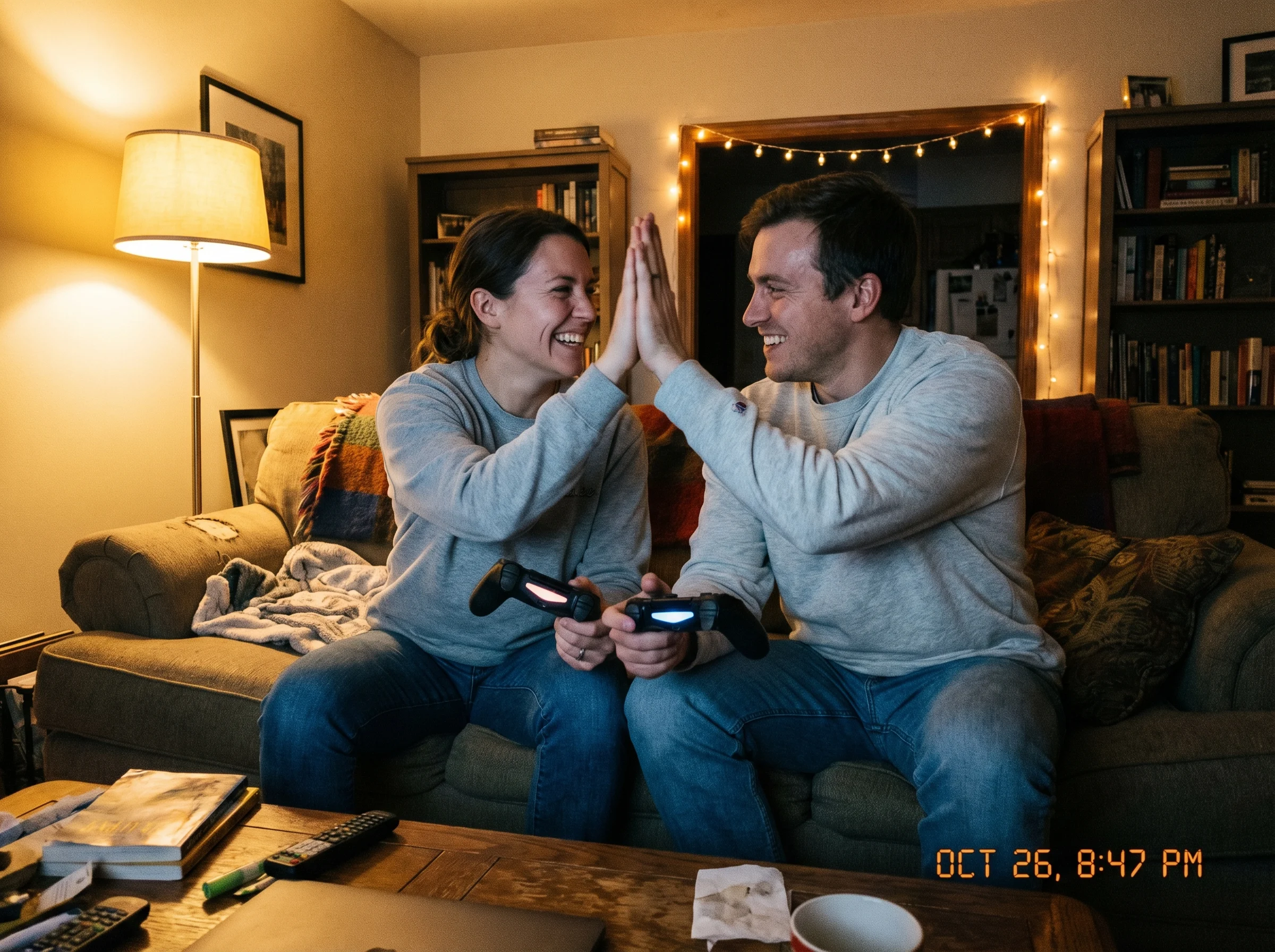 A couple high-fiving over controllers, genuine smiles and eye contact, cozy living room with soft lamp lighting