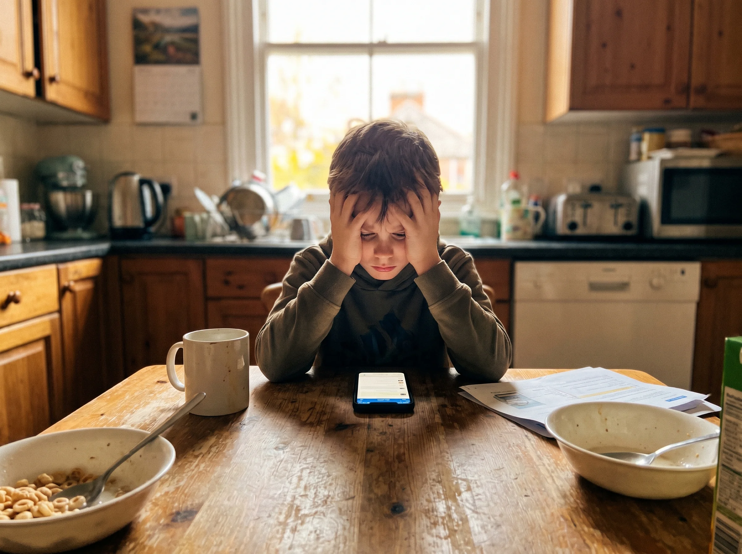 A boy at a wooden kitchen table, head in hands, looking at a phone screen with a worried expression, soft natural light from 