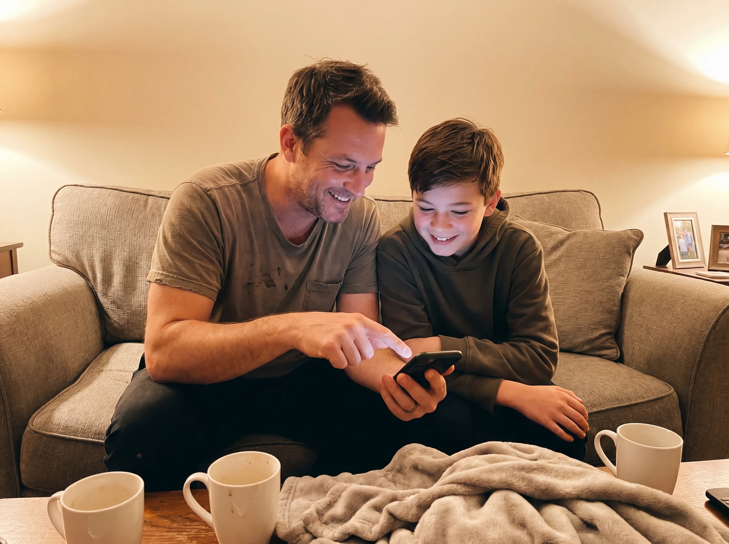 A dad and his middle school son sitting shoulder to shoulder on a couch, both looking at a phone, the dad pointing at the scr