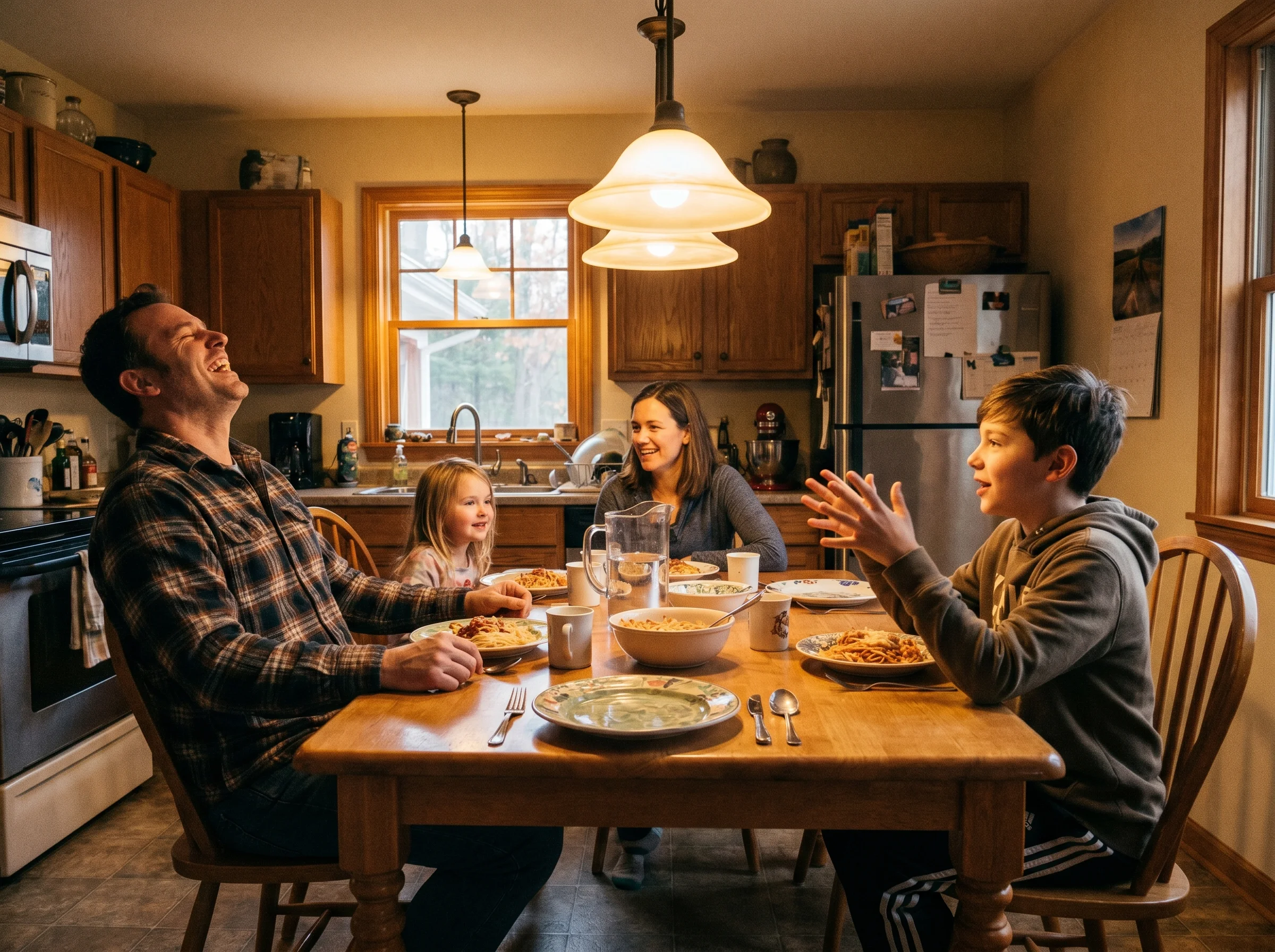 A family eating dinner around a kitchen table, dad mid-laugh, tween son gesturing while telling a story, phones not visible, 