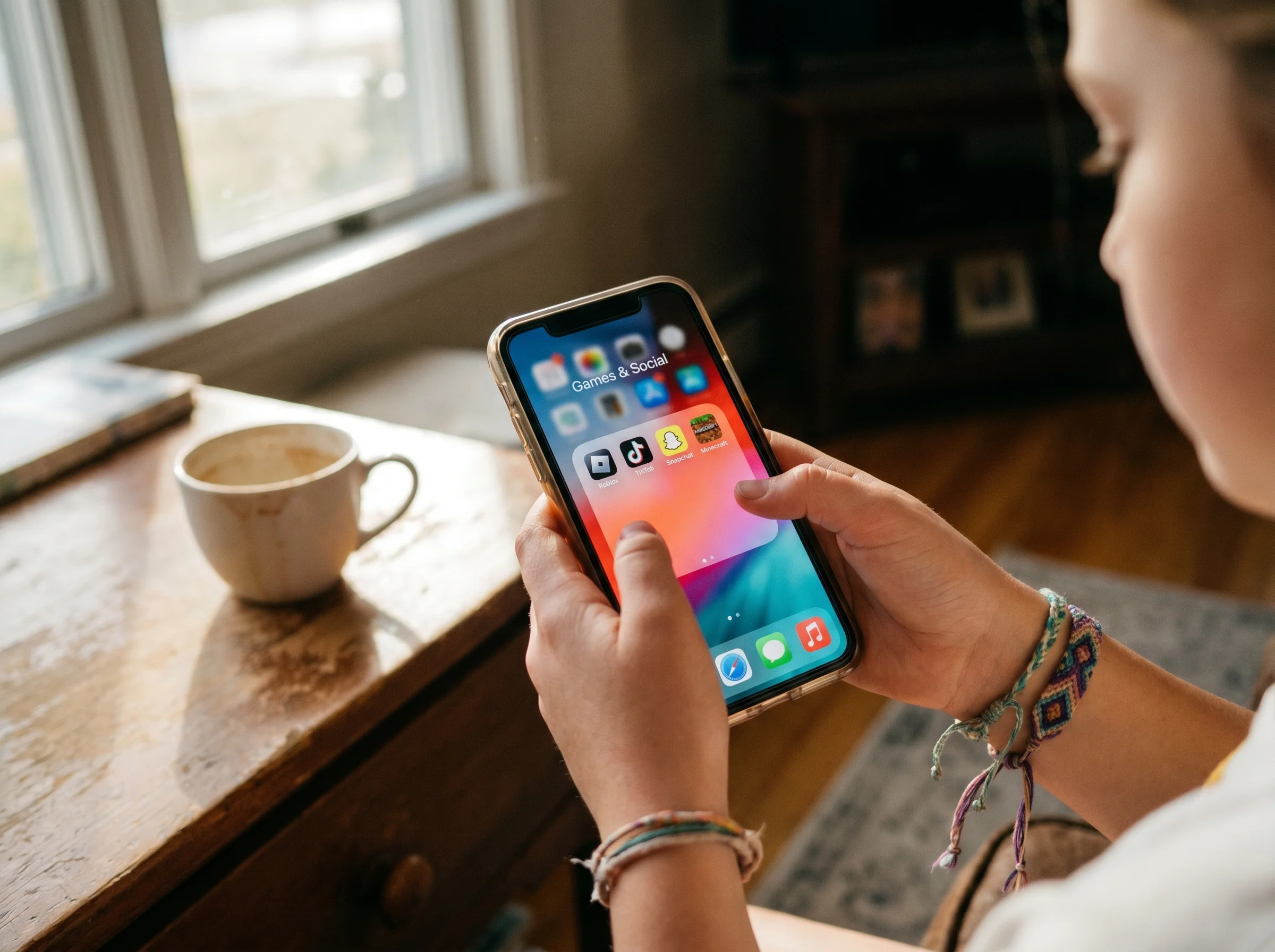 Close-up of a tween's hands holding a smartphone showing a colorful app folder of games and social apps, casual home setting,