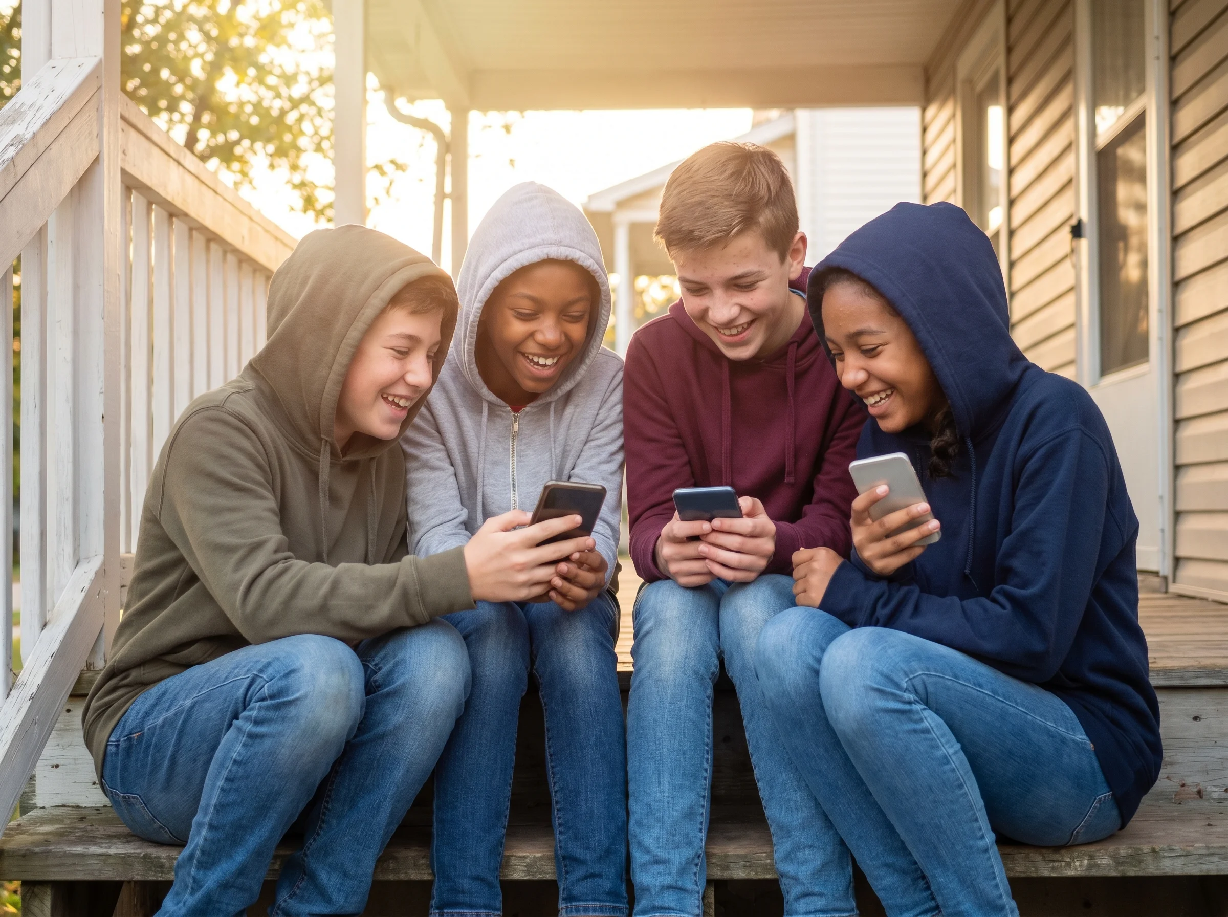 A group of middle school kids sitting on a porch step, each on their phones but laughing together, candid moment, late aftern