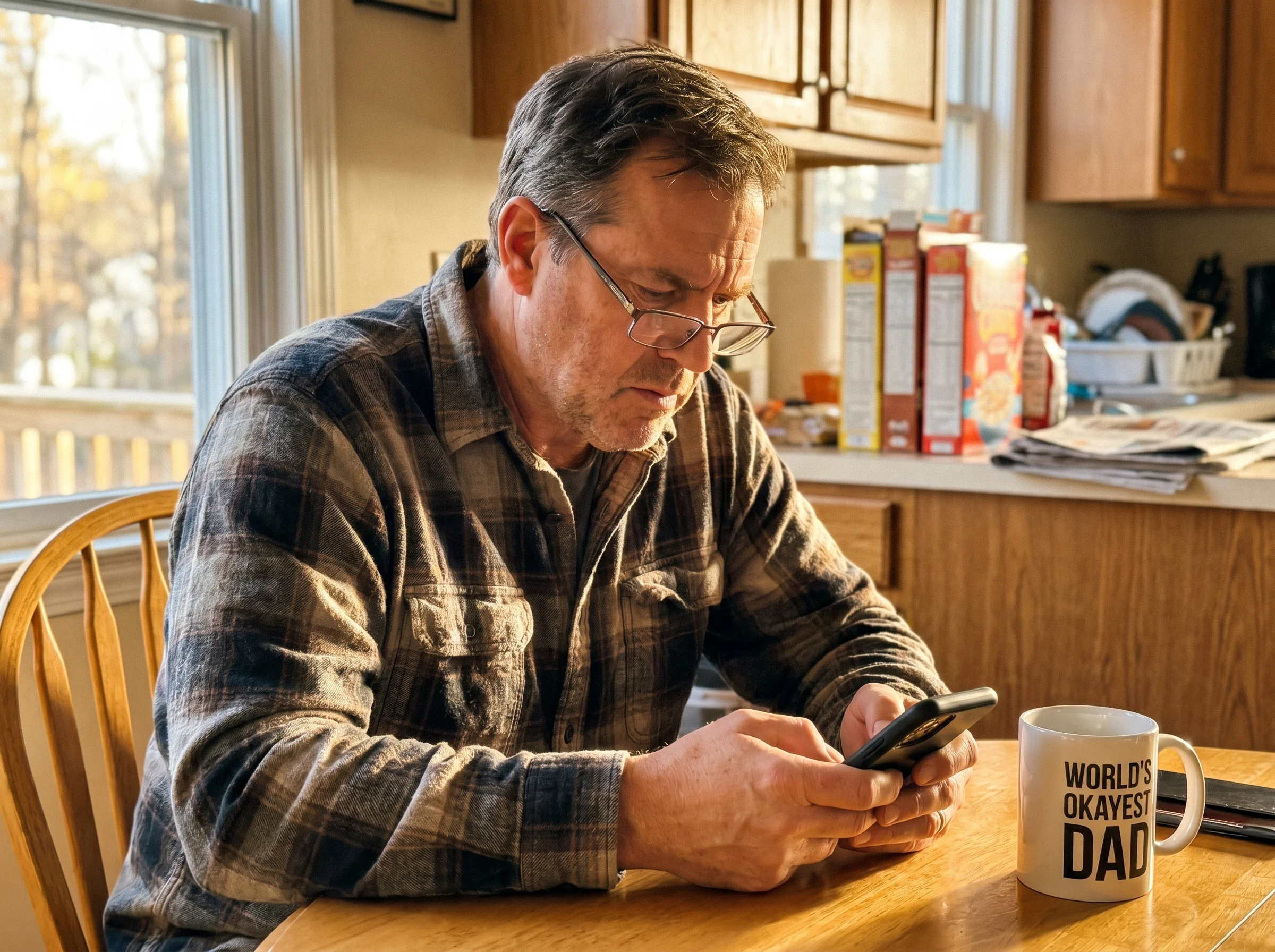 A dad sitting at a kitchen table with reading glasses on, scrolling through an app on his phone with a coffee mug nearby, foc