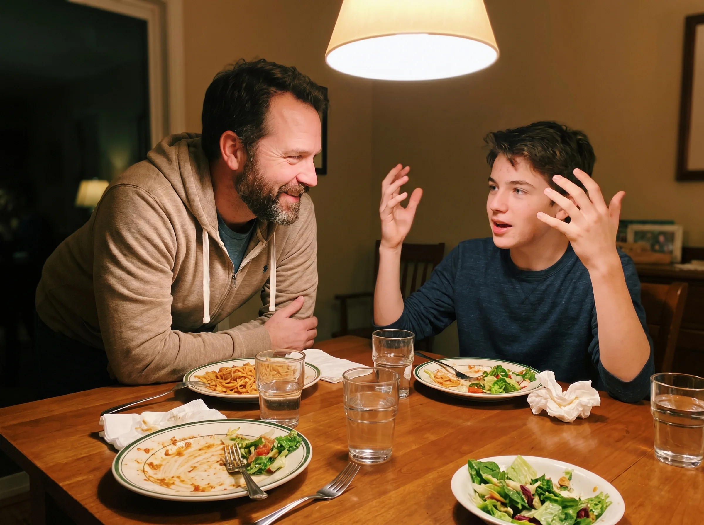 Dad and son sitting across from each other at a dinner table, mid-conversation, son gesturing animatedly while telling a stor