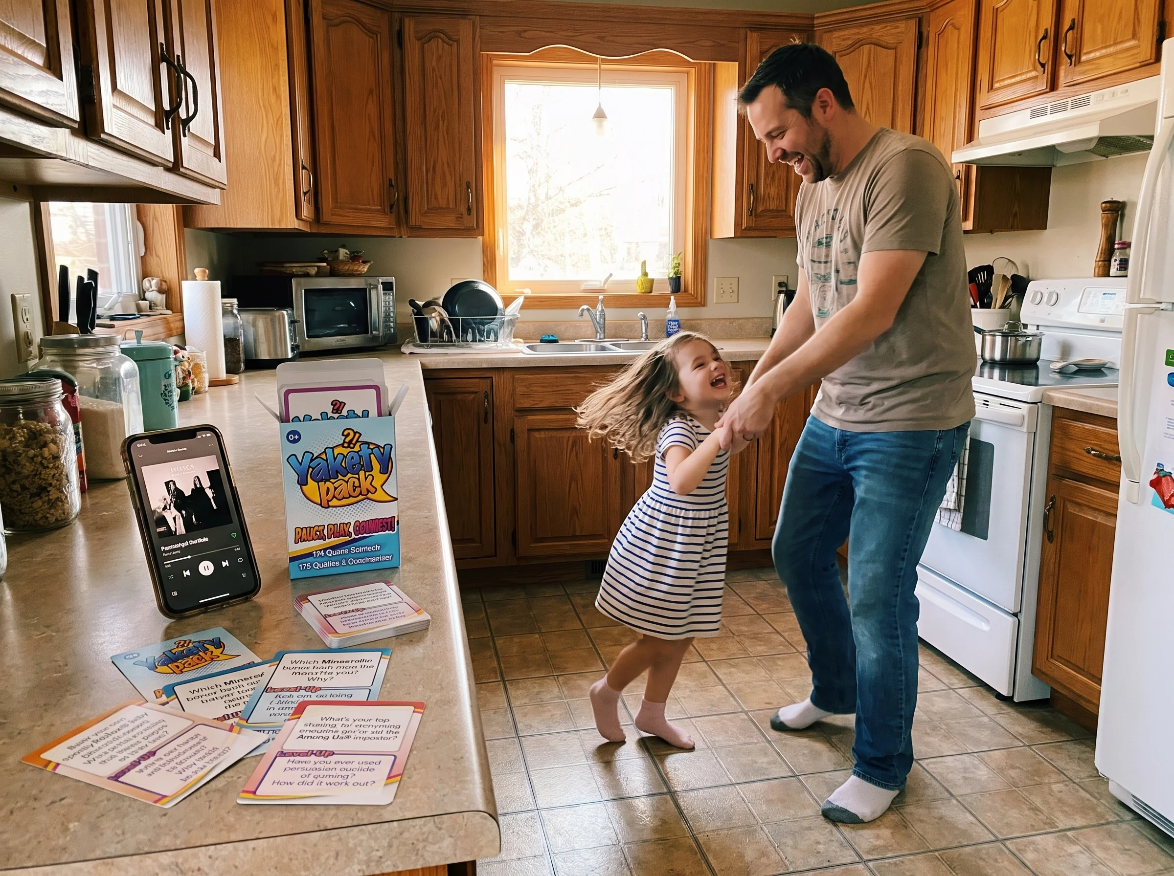 A dad and his young daughter dancing goofily in a kitchen, sock feet on tile, phone playing music on the counter, both mid-la