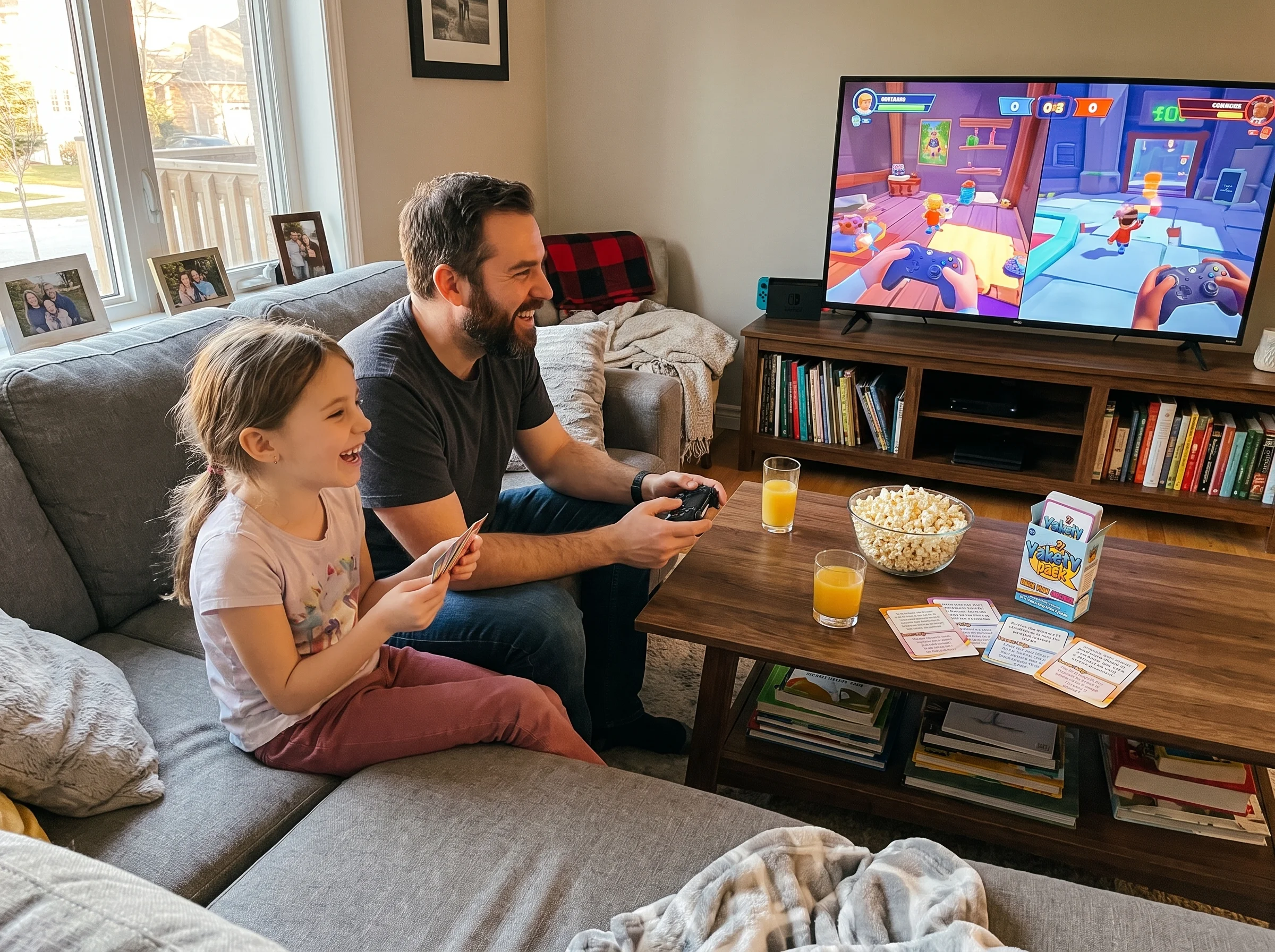 A father and daughter sharing a couch controller in hand, playing a co-op video game on the TV, snacks on the coffee table, c