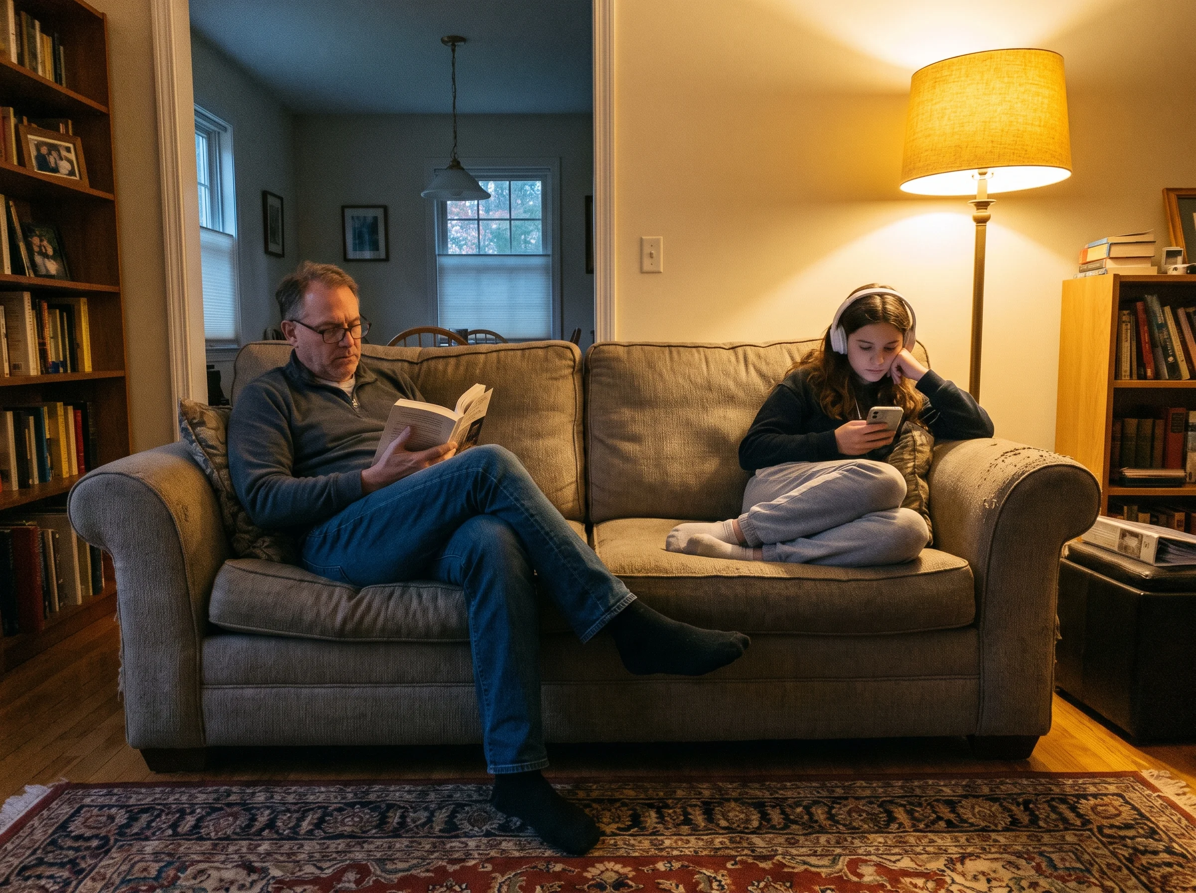 A dad reading a book on one end of the couch while his teen daughter scrolls her phone on the other end, both relaxed, evenin