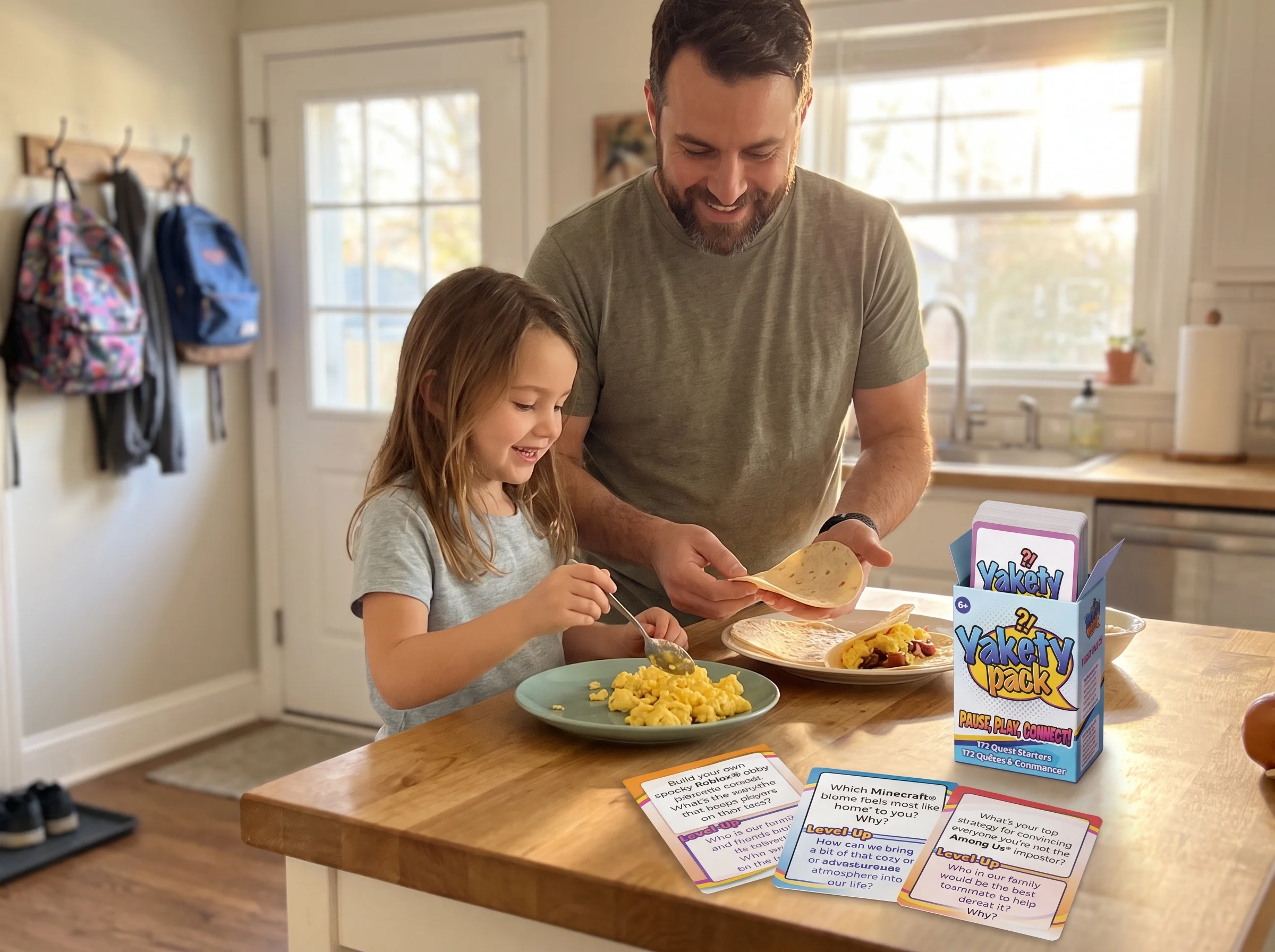 A father and daughter making breakfast tacos together in a sunny kitchen on a weekday morning, backpacks visible in the backg