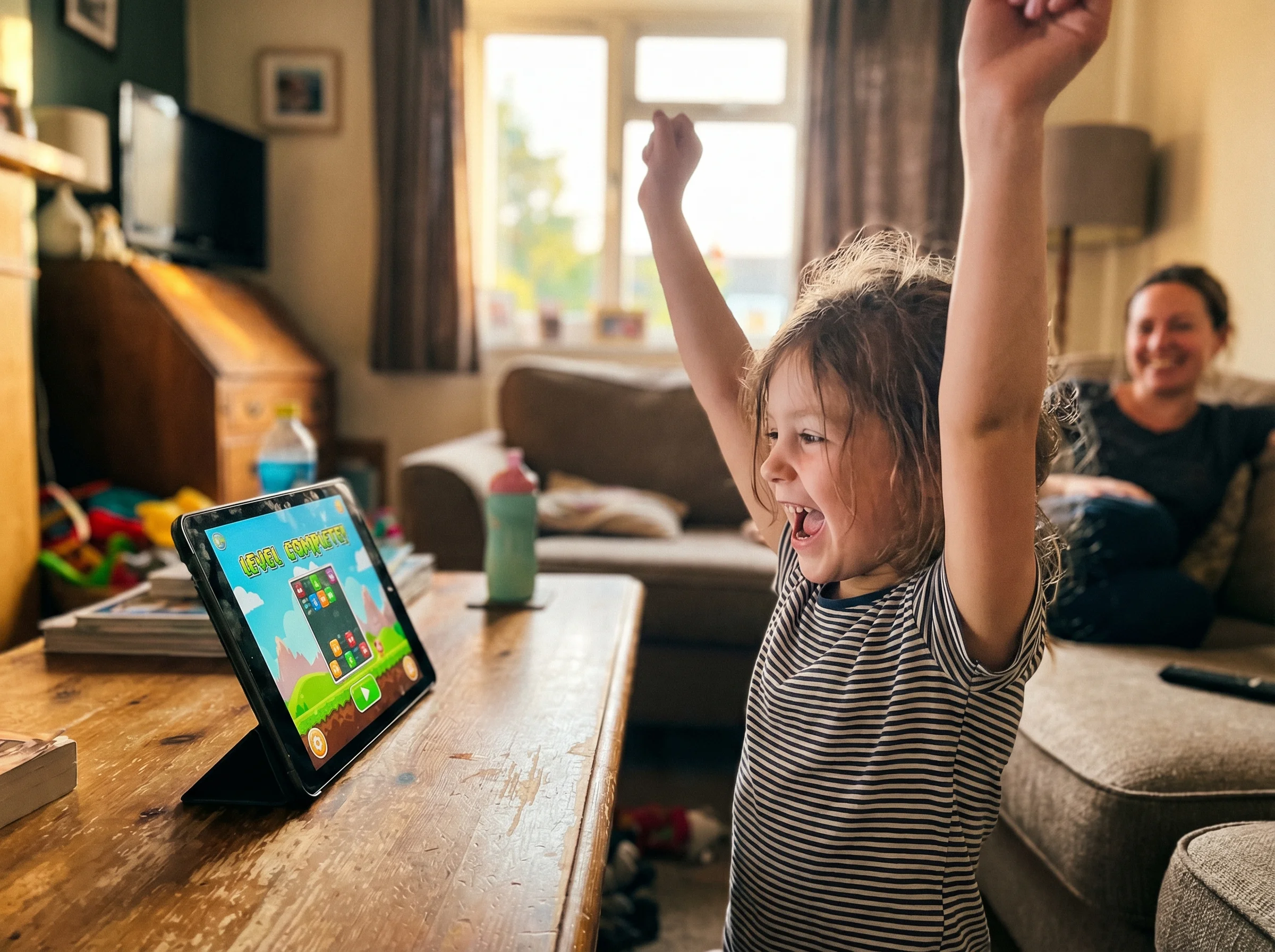Young girl at tablet, mid-celebration with arms raised after completing a challenging level, genuine joy on her face