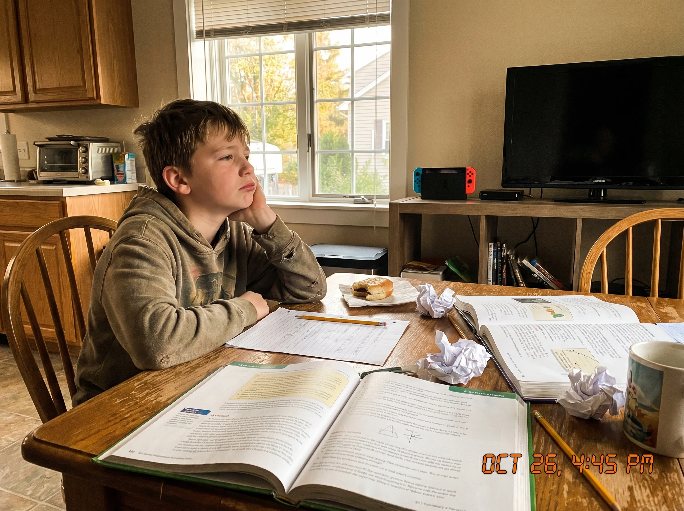 Boy at kitchen table with homework spread out, looking longingly at gaming console in background, authentic frustrated expres