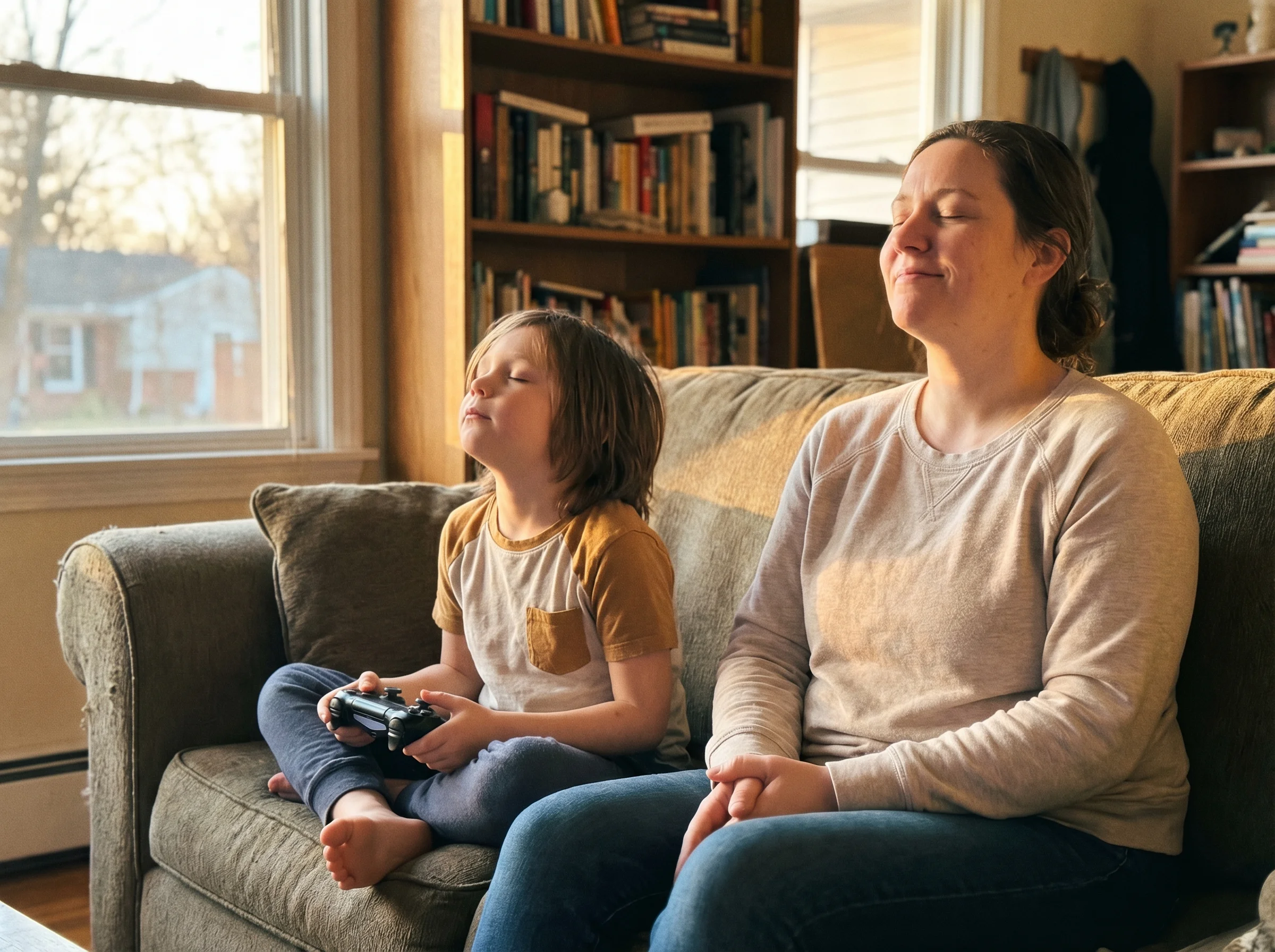 Parent sitting next to child who has controller in lap, both taking deep breaths together, supportive moment captured candidl
